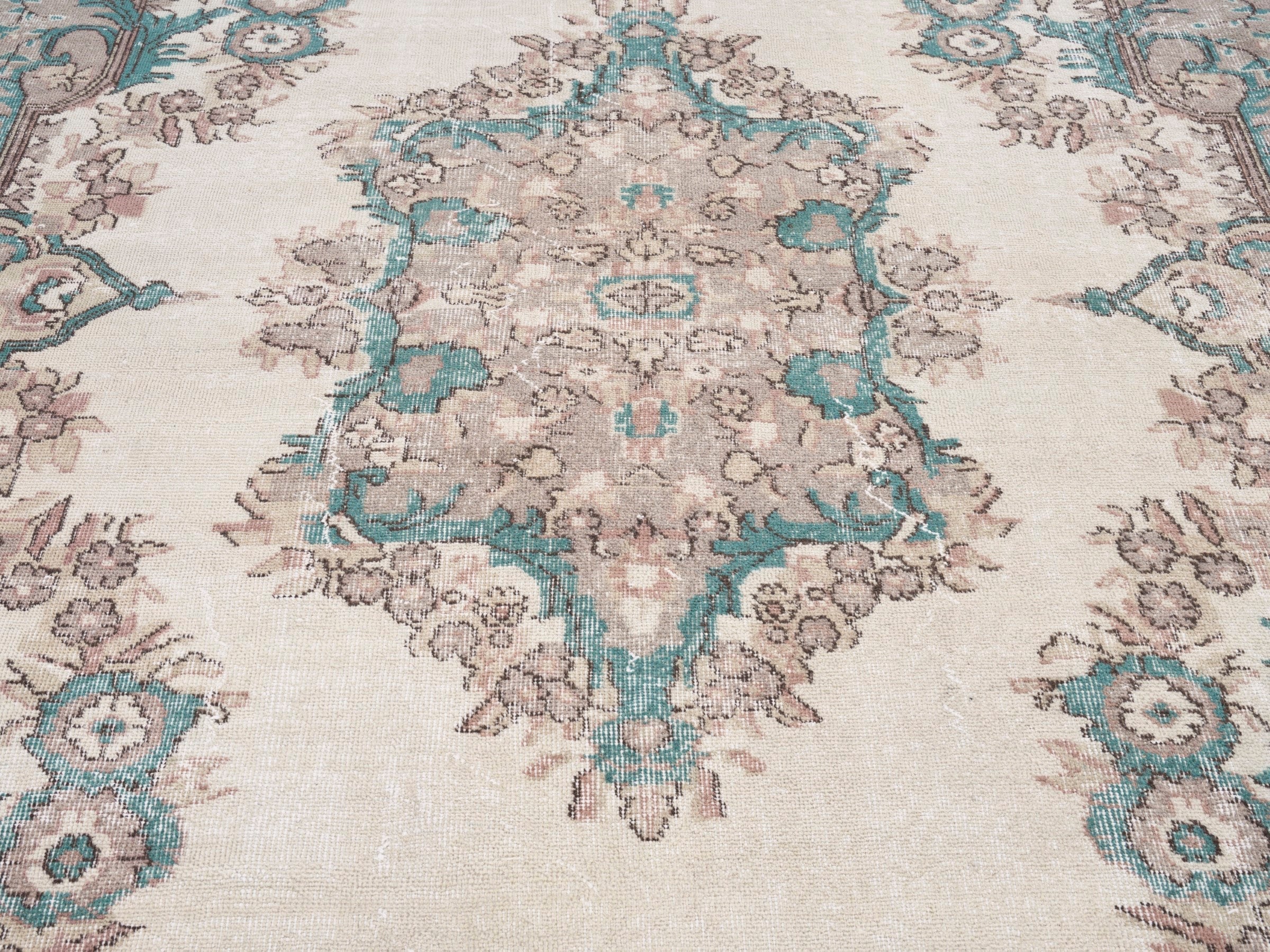 Turkish Isparta area rug in cream and muted pink, view 4 of 10