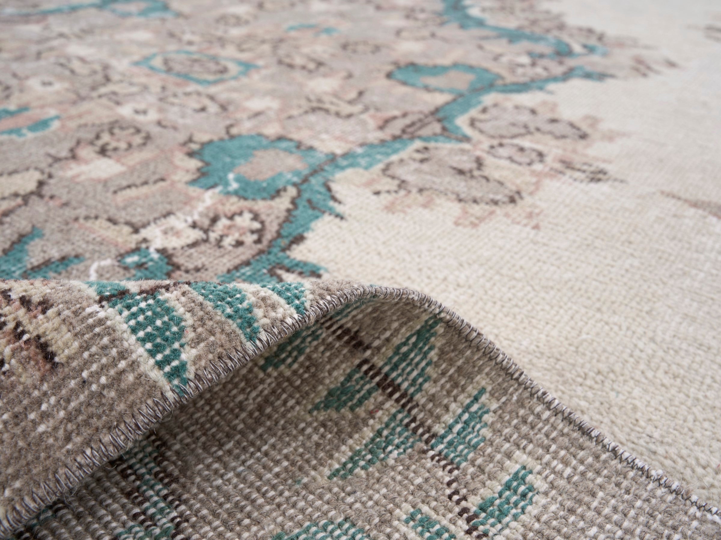 Turkish Isparta area rug in cream and muted pink, view 9 of 10