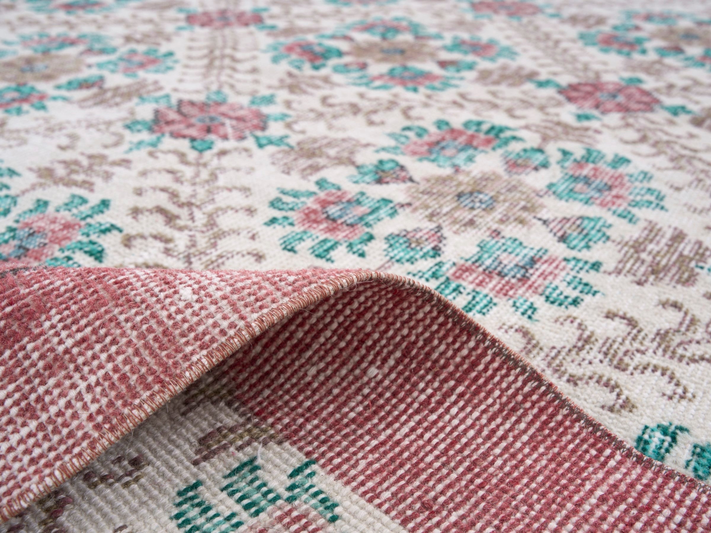 Turkish Isparta area rug in cream and dusty rose, view 9 of 10