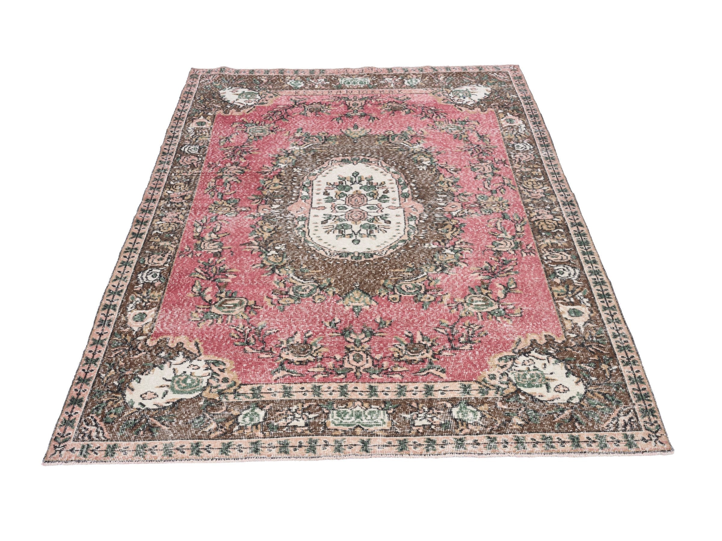 Turkish Isparta area rug in muted pink and dark brown, view 2 of 10