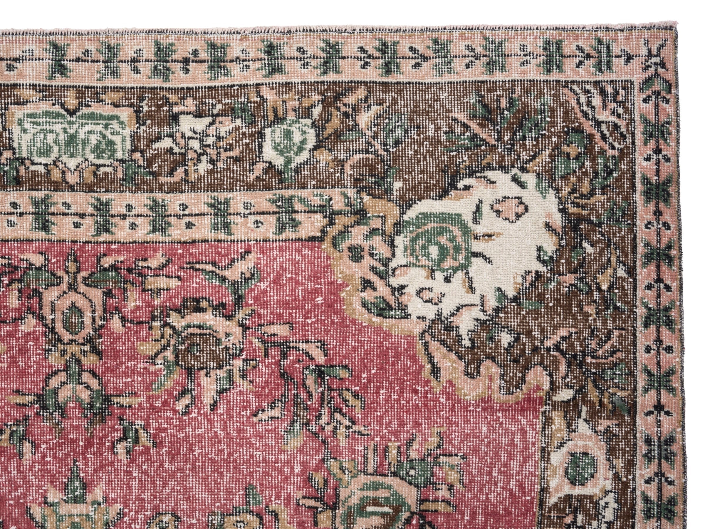 Turkish Isparta area rug in muted pink and dark brown, view 8 of 10