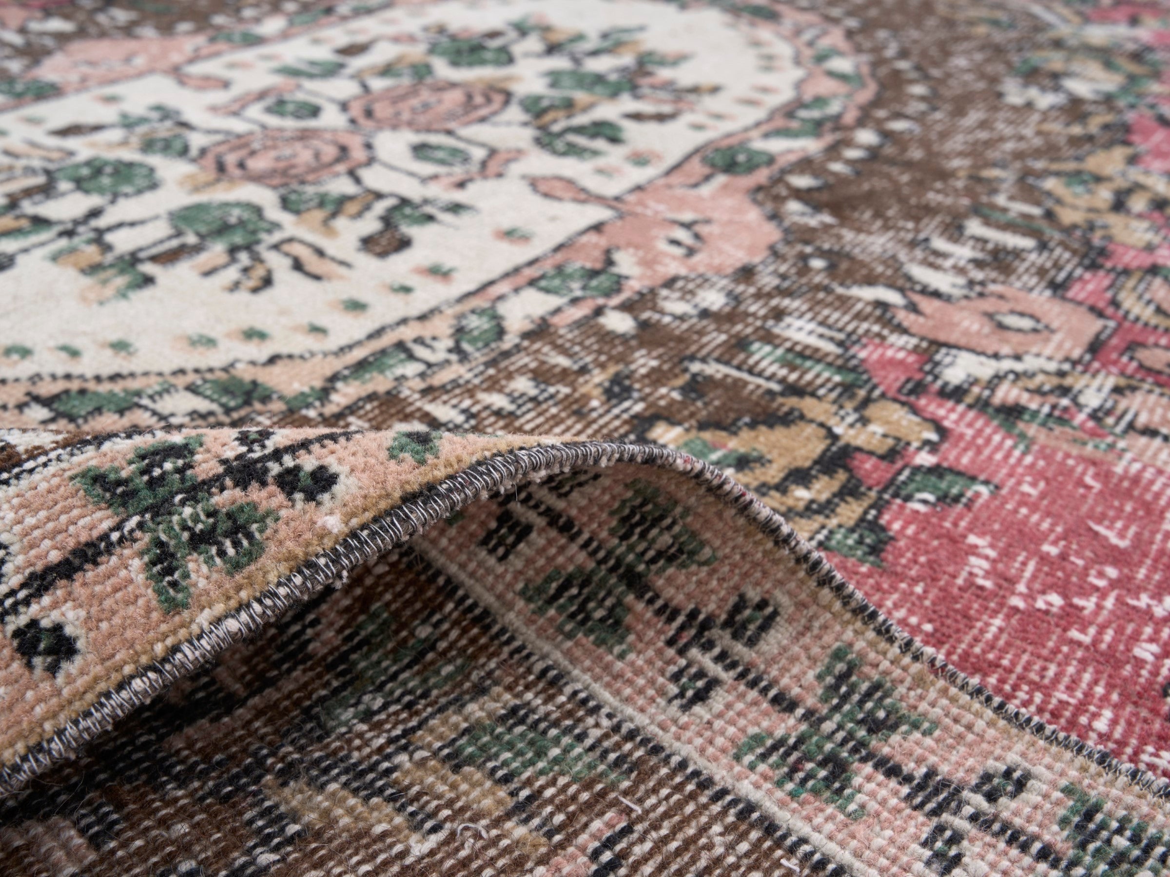 Turkish Isparta area rug in muted pink and dark brown, view 9 of 10