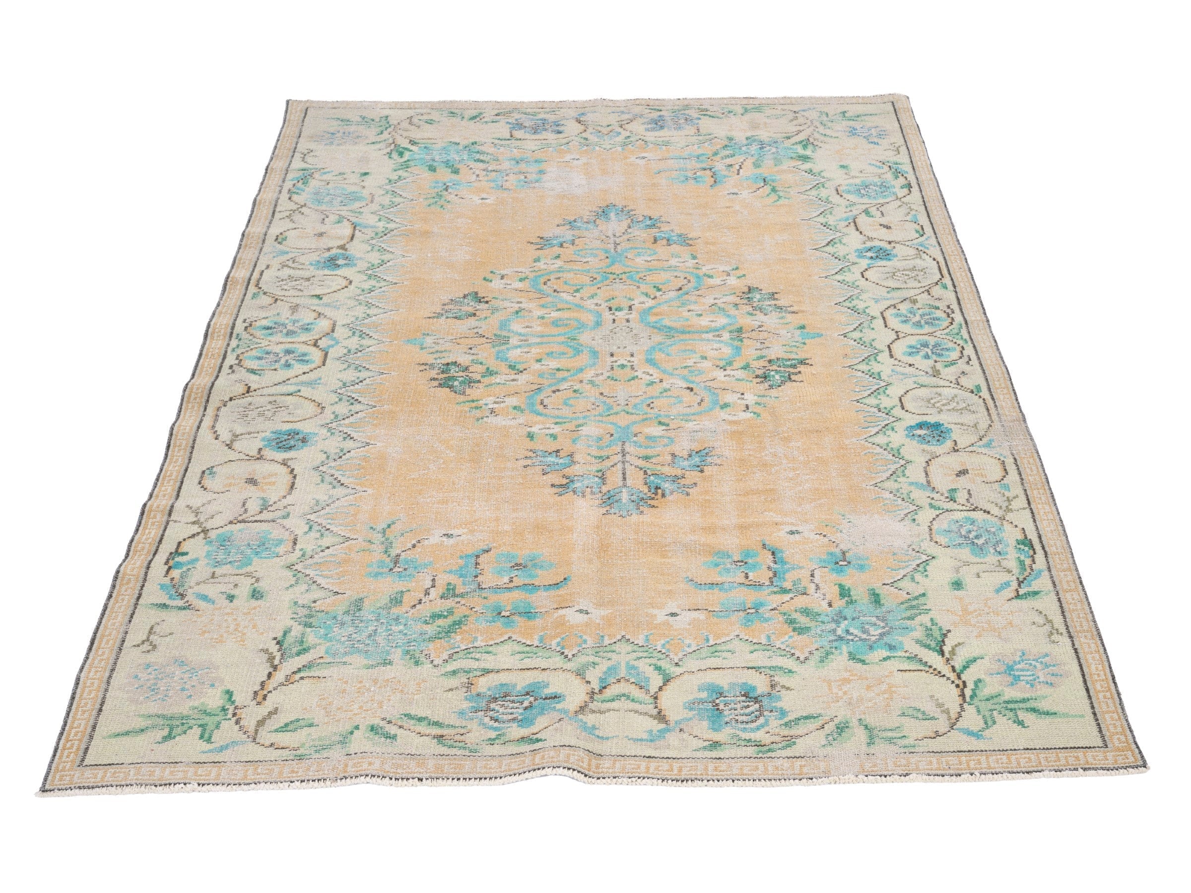 Turkish Manisa area rug in tan and celadon, view 2 of 10
