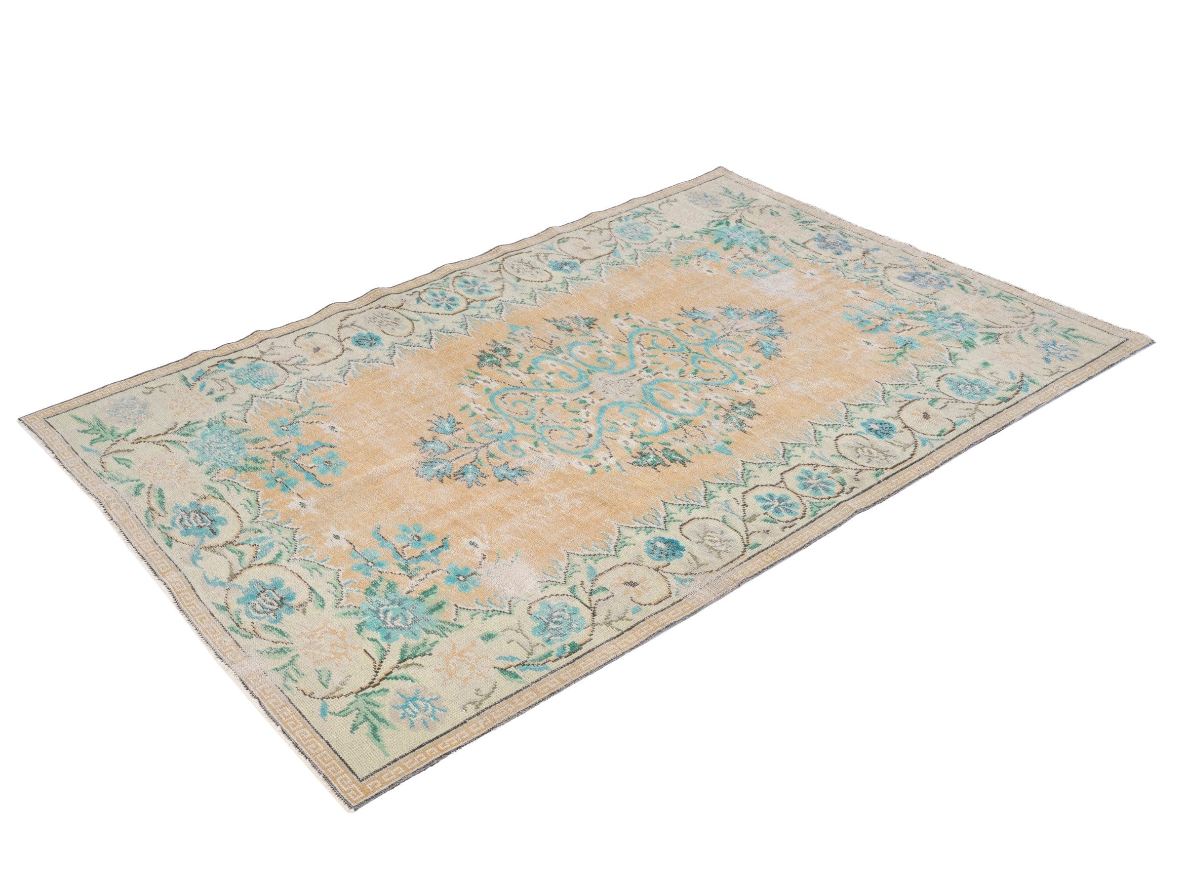 Turkish Manisa area rug in tan and celadon, view 3 of 10