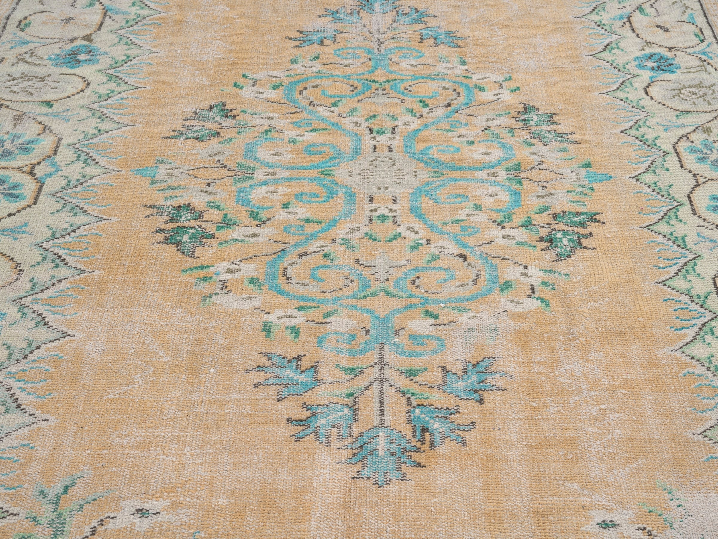 Turkish Manisa area rug in tan and celadon, view 4 of 10
