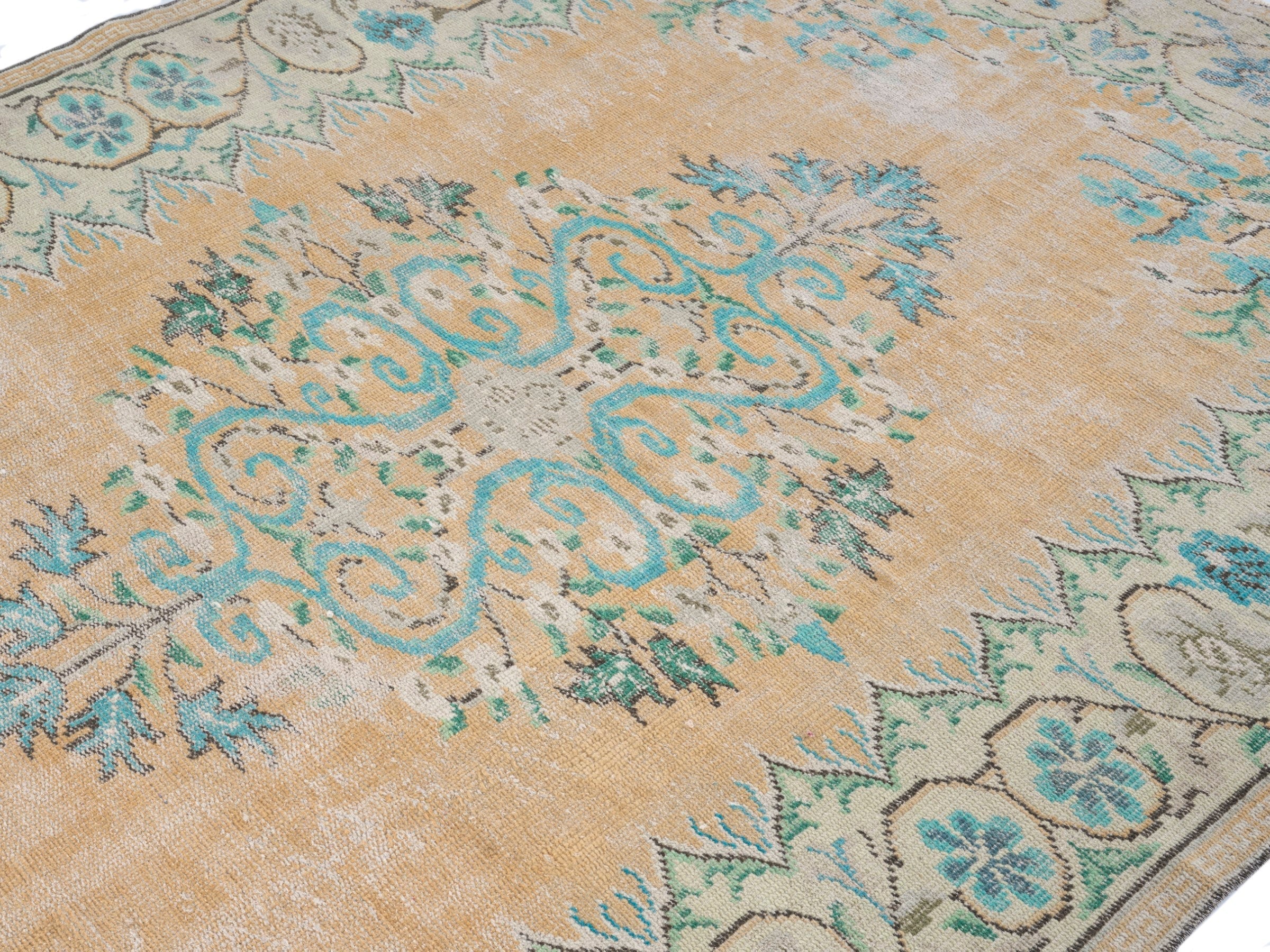 Turkish Manisa area rug in tan and celadon, view 5 of 10