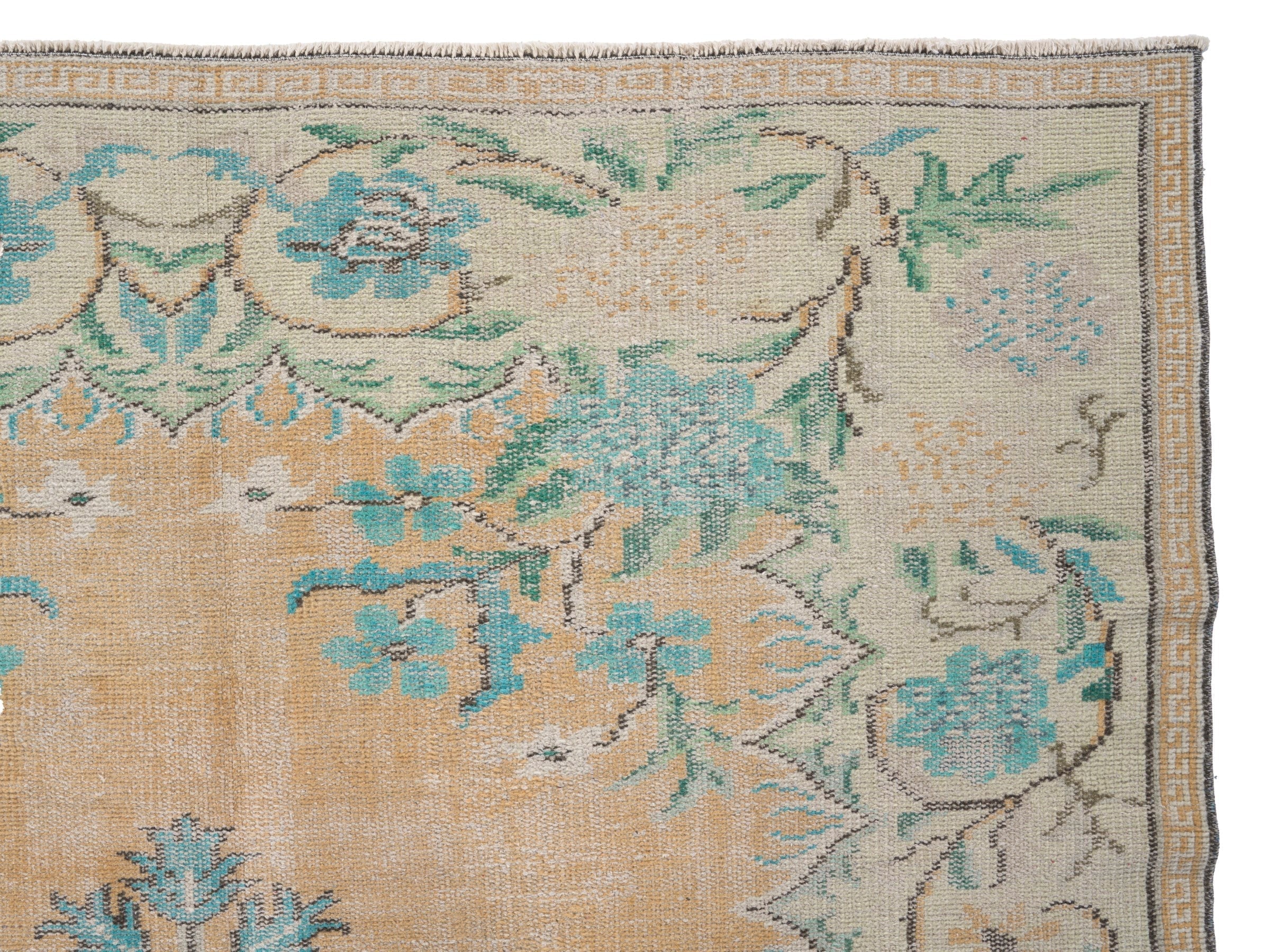 Turkish Manisa area rug in tan and celadon, view 8 of 10