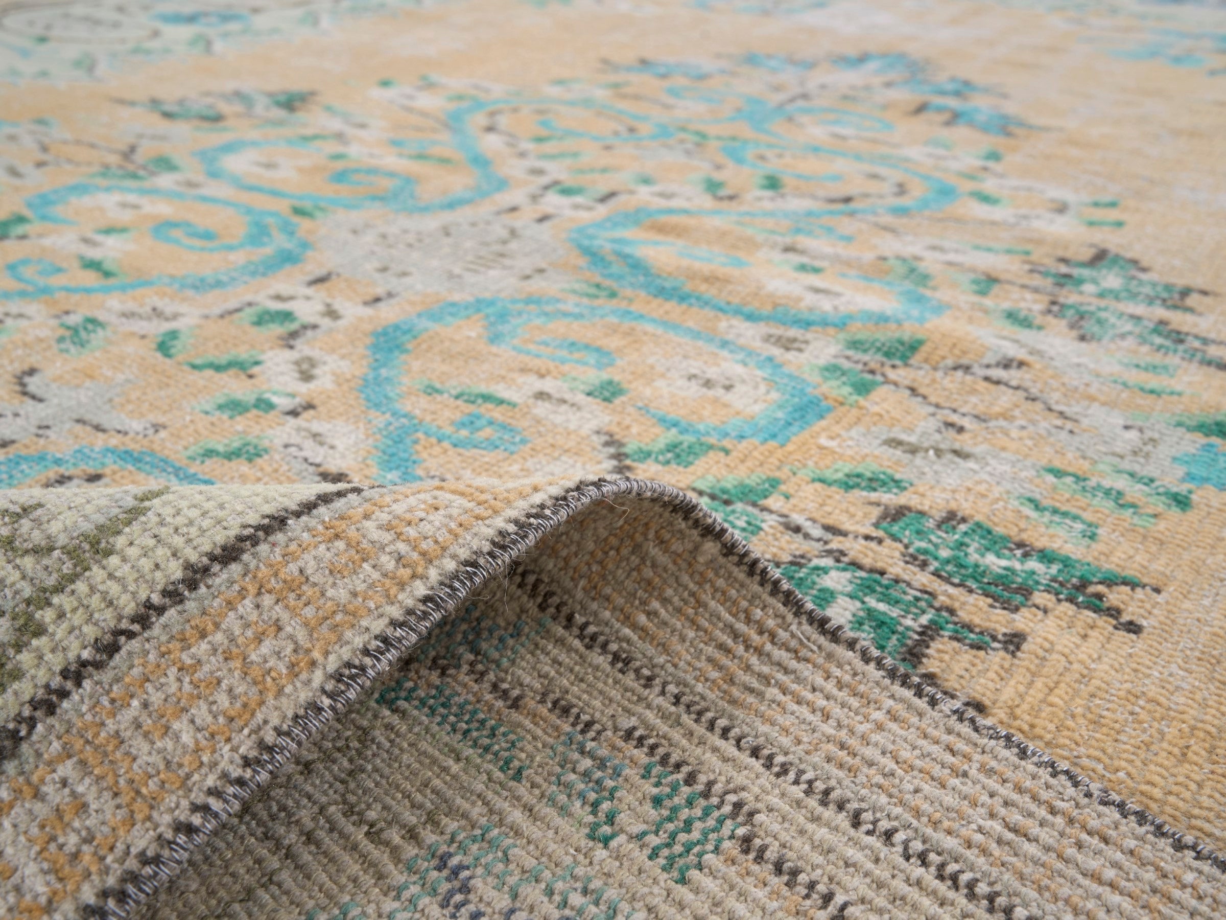 Turkish Manisa area rug in tan and celadon, view 9 of 10