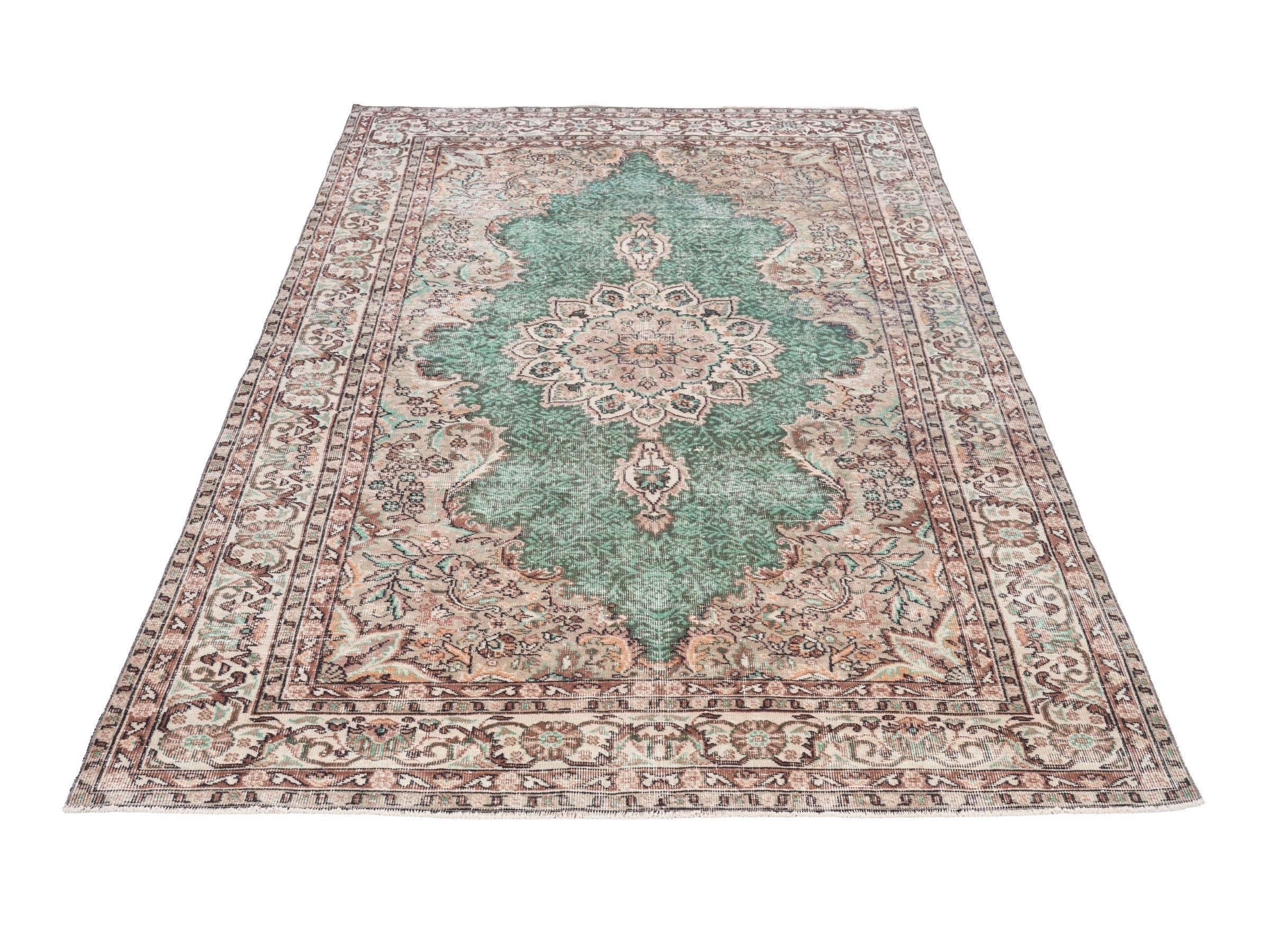 Turkish Isparta area rug in emerald and beige, view 2 of 10