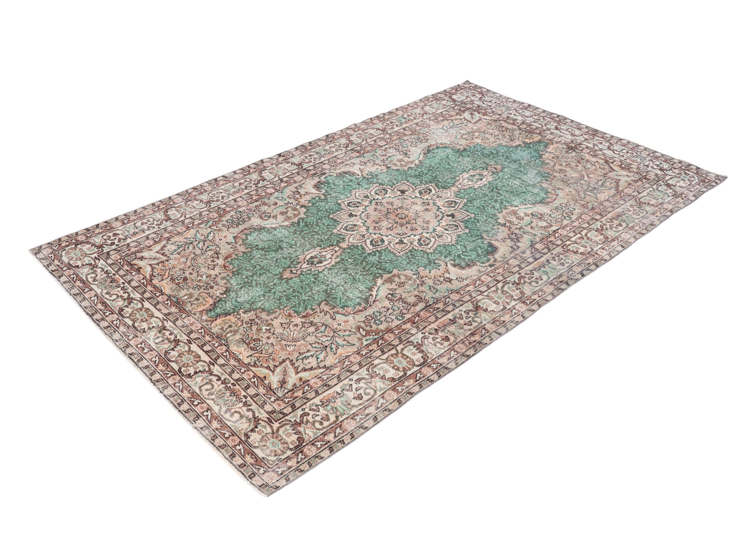 Turkish Isparta area rug in emerald and beige, view 3 of 10