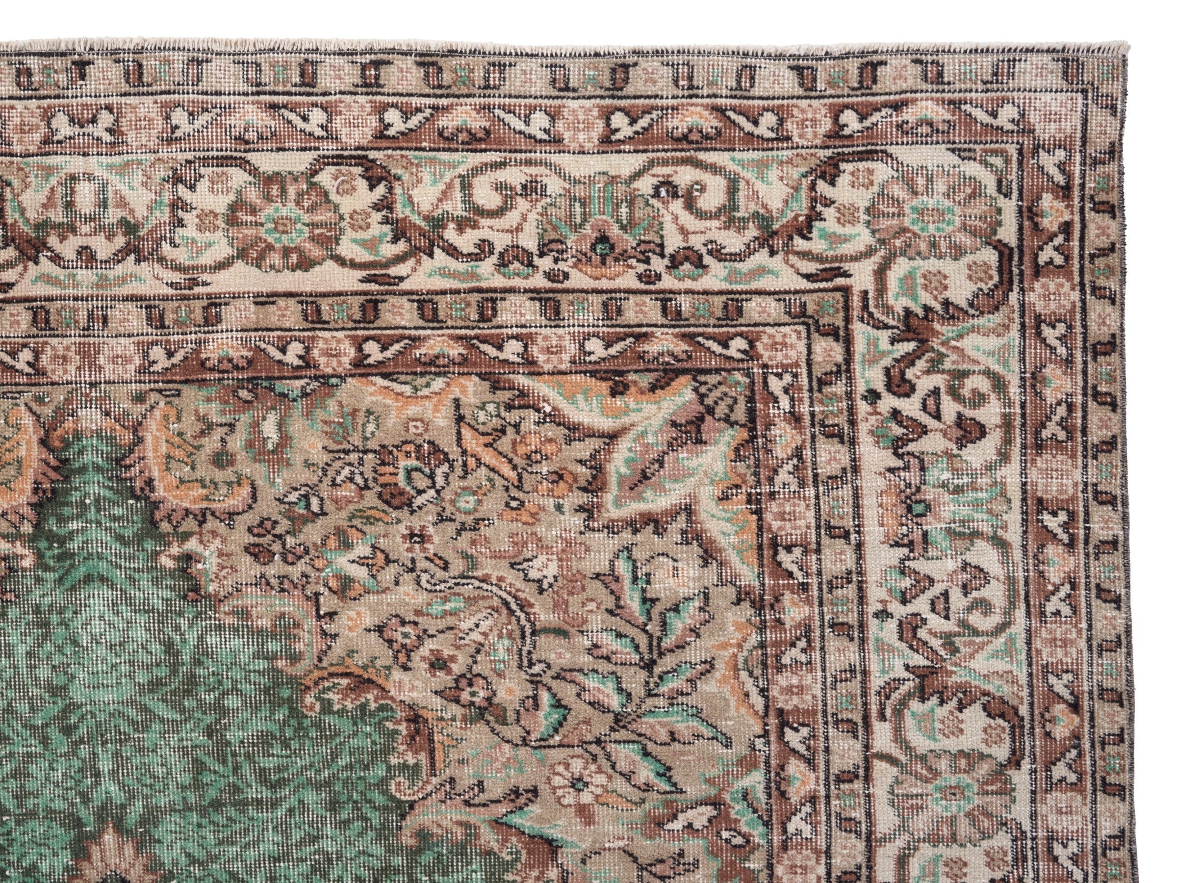 Turkish Isparta area rug in emerald and beige, view 8 of 10