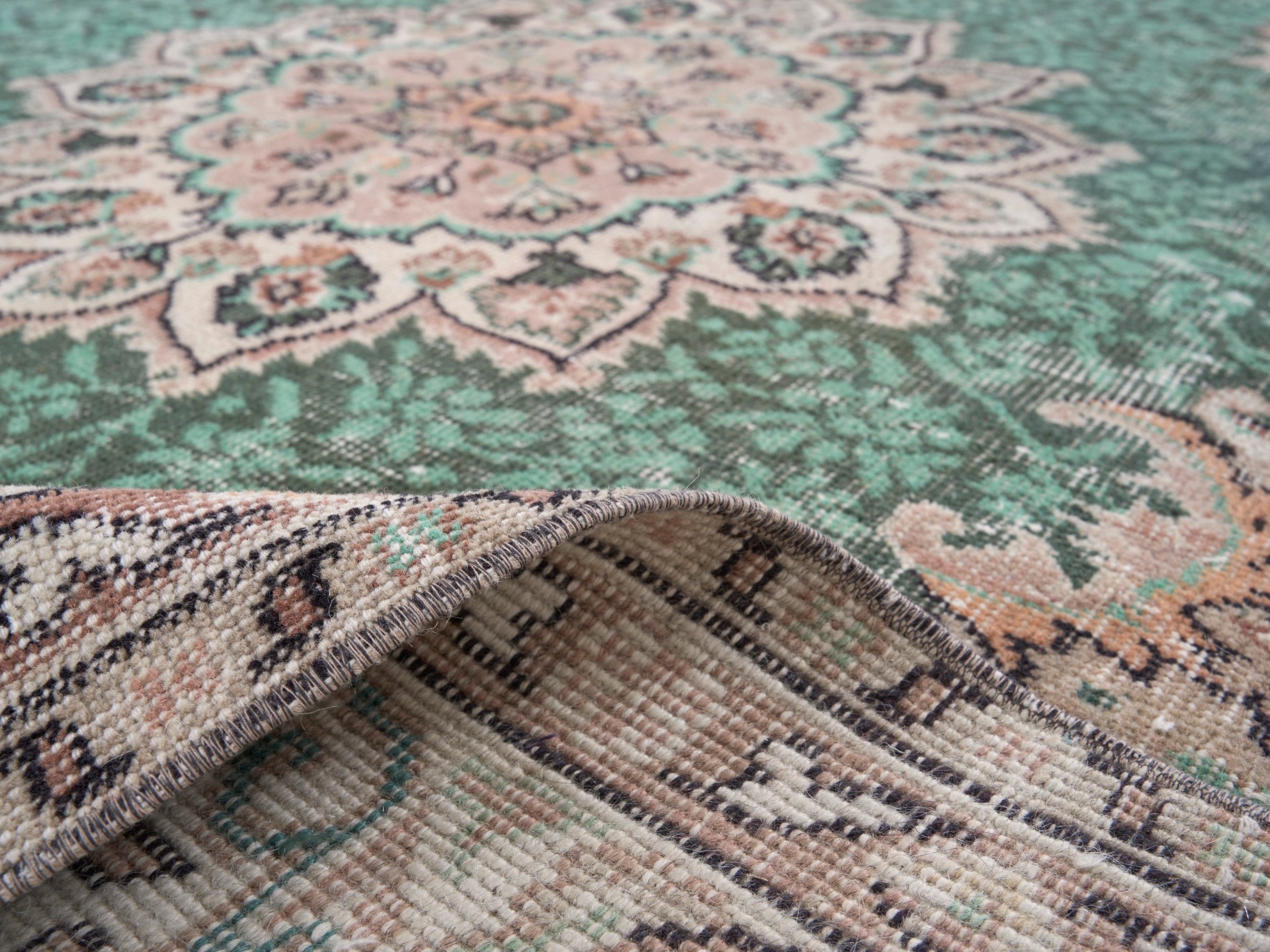 Turkish Isparta area rug in emerald and beige, view 9 of 10