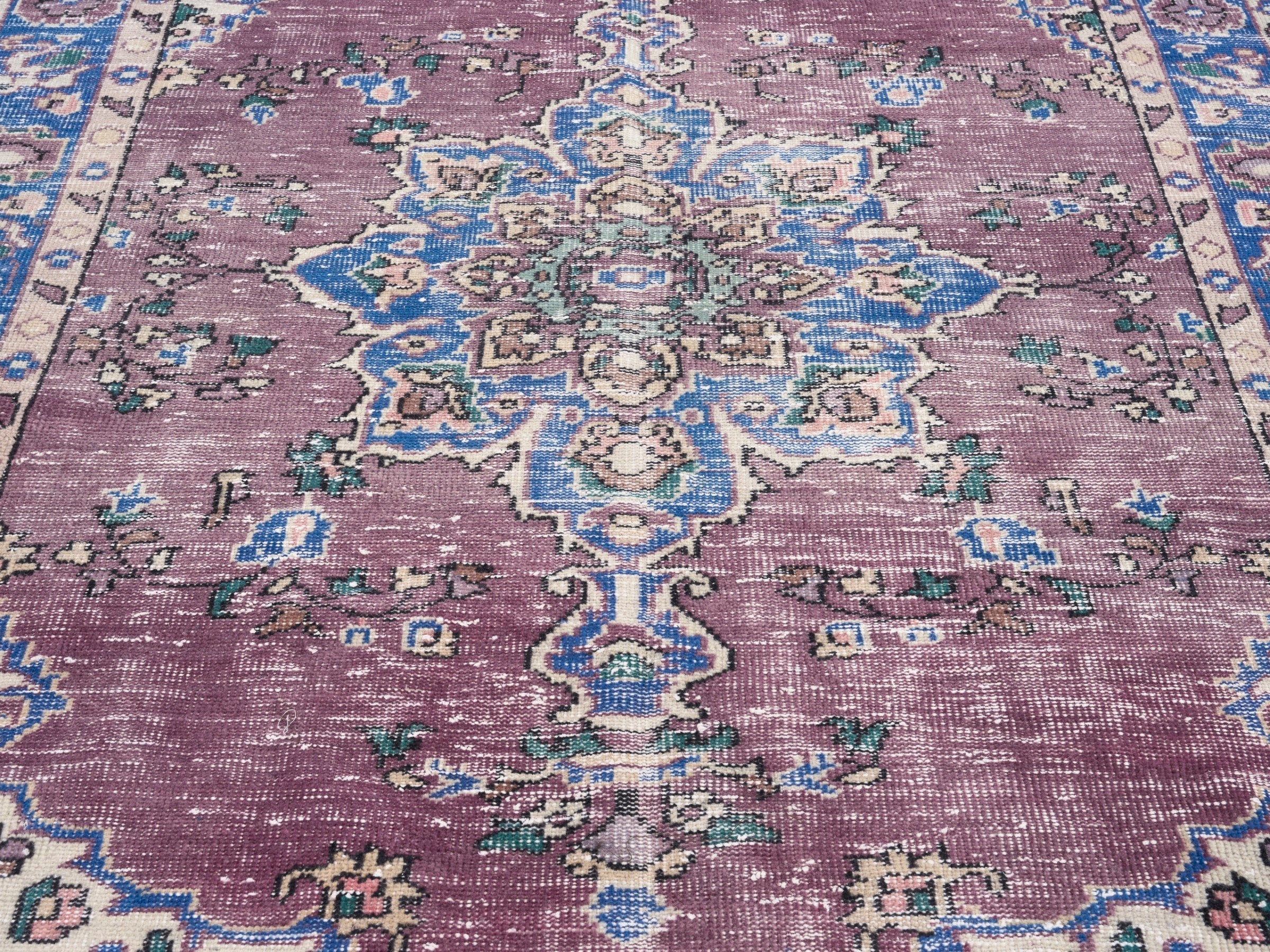 Turkish Isparta area rug in dusty rose and navy, view 4 of 10