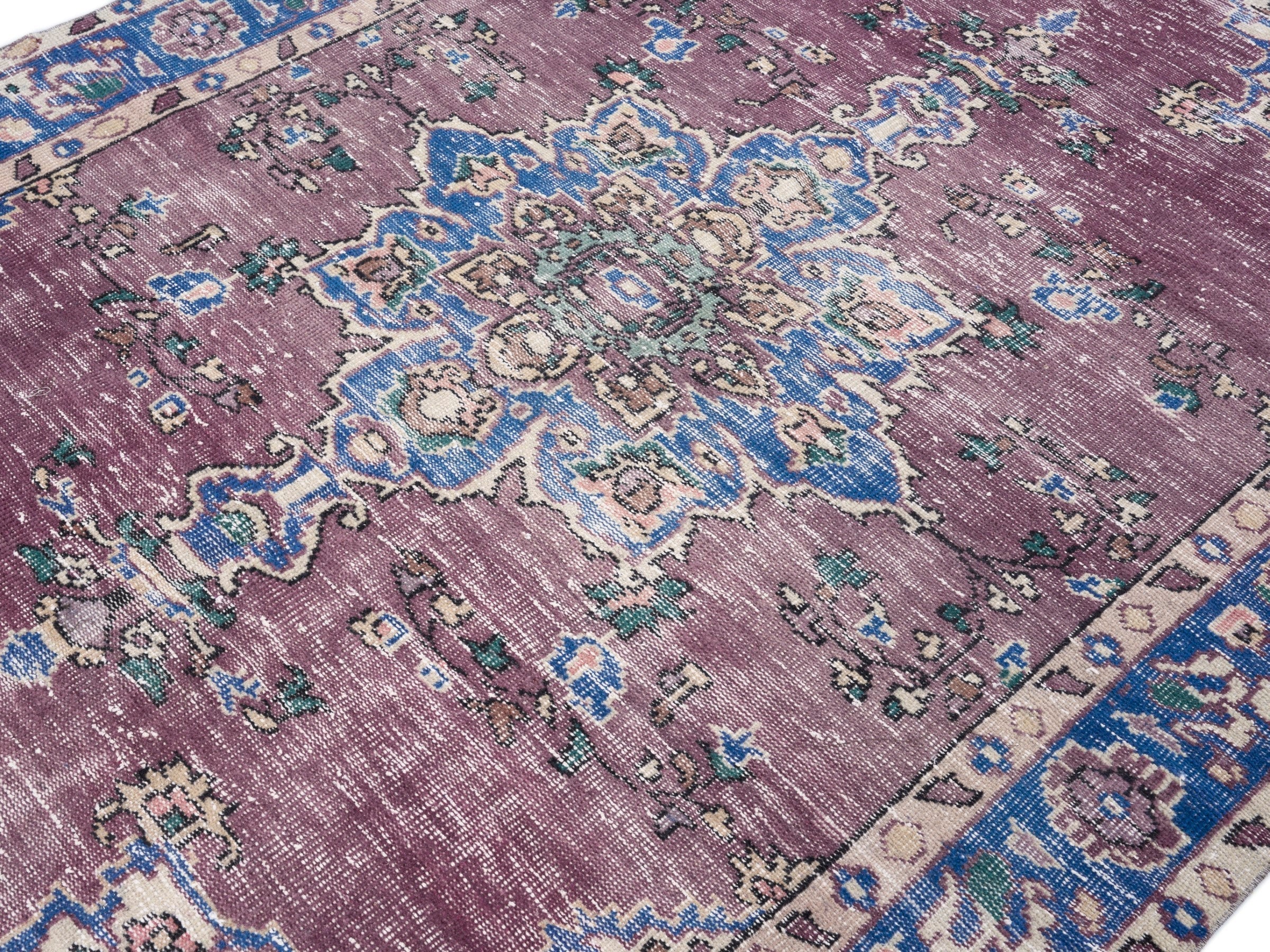 Turkish Isparta area rug in dusty rose and navy, view 5 of 10