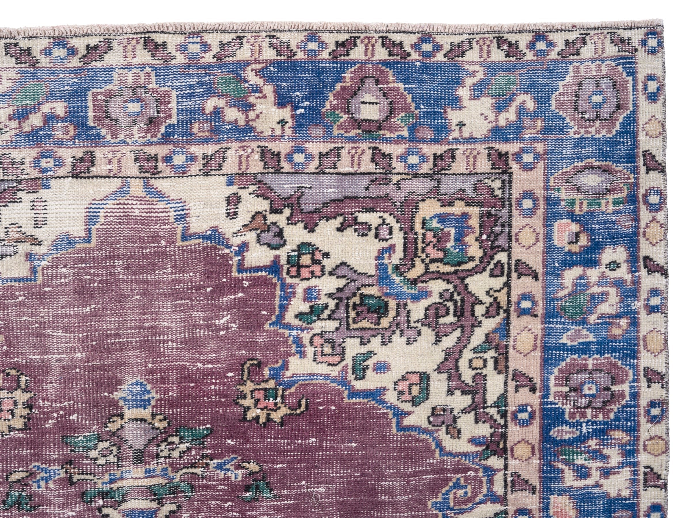 Turkish Isparta area rug in dusty rose and navy, view 8 of 10