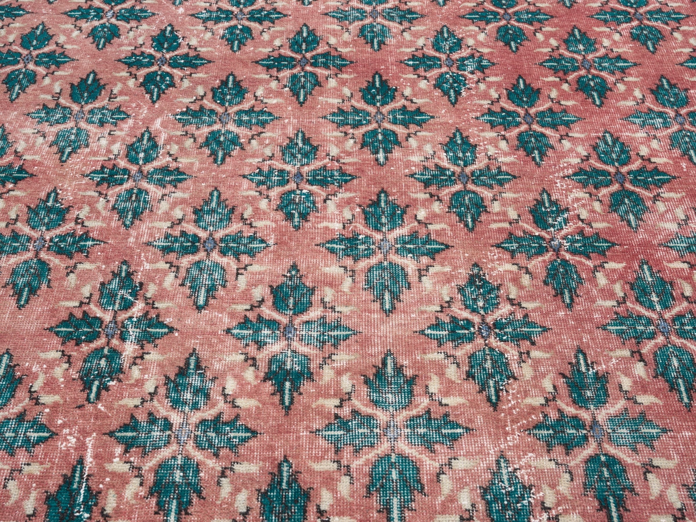 Turkish Isparta area rug in dusty rose and teal, view 4 of 10