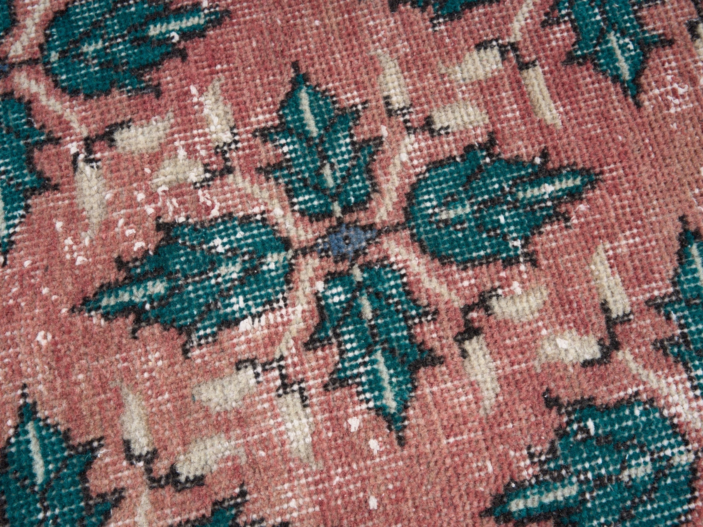 Turkish Isparta area rug in dusty rose and teal, view 7 of 10