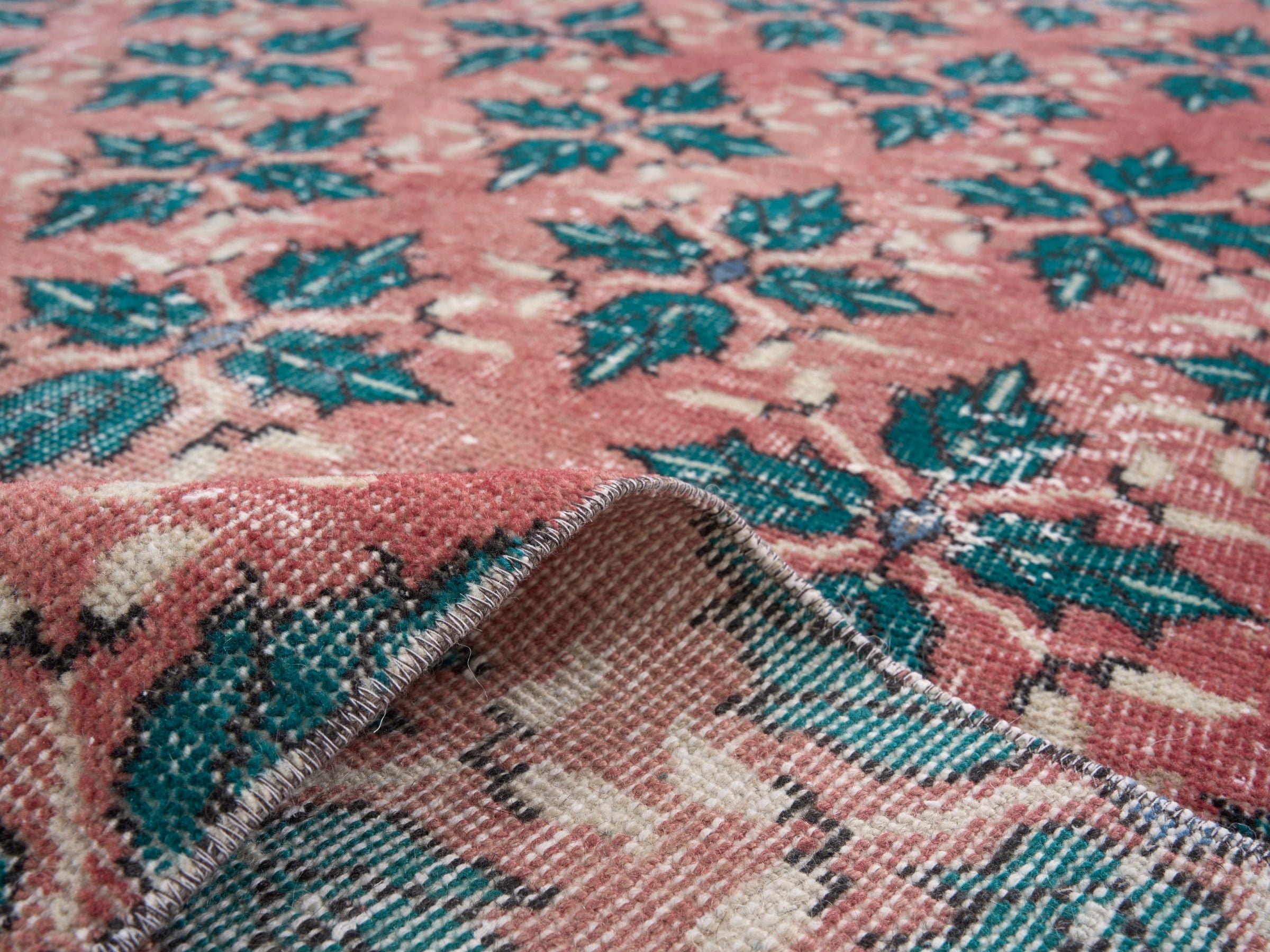 Turkish Isparta area rug in dusty rose and teal, view 9 of 10