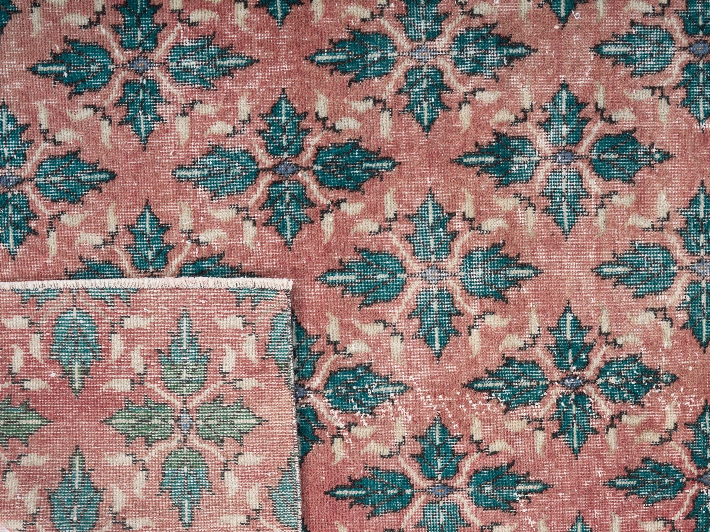 Turkish Isparta area rug in dusty rose and teal, view 10 of 10