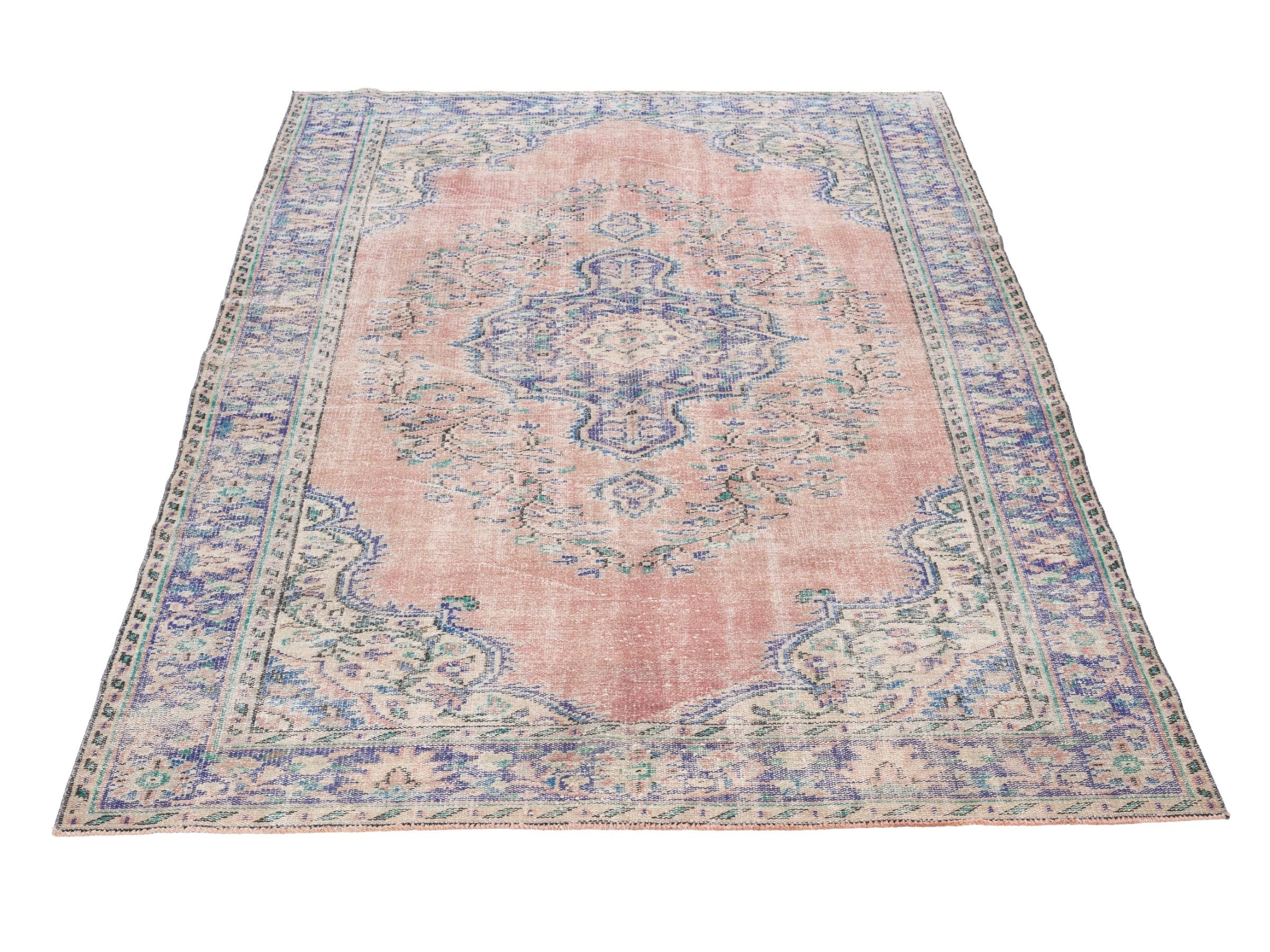 Turkish Manisa area rug in dusty rose and slate blue, view 2 of 10