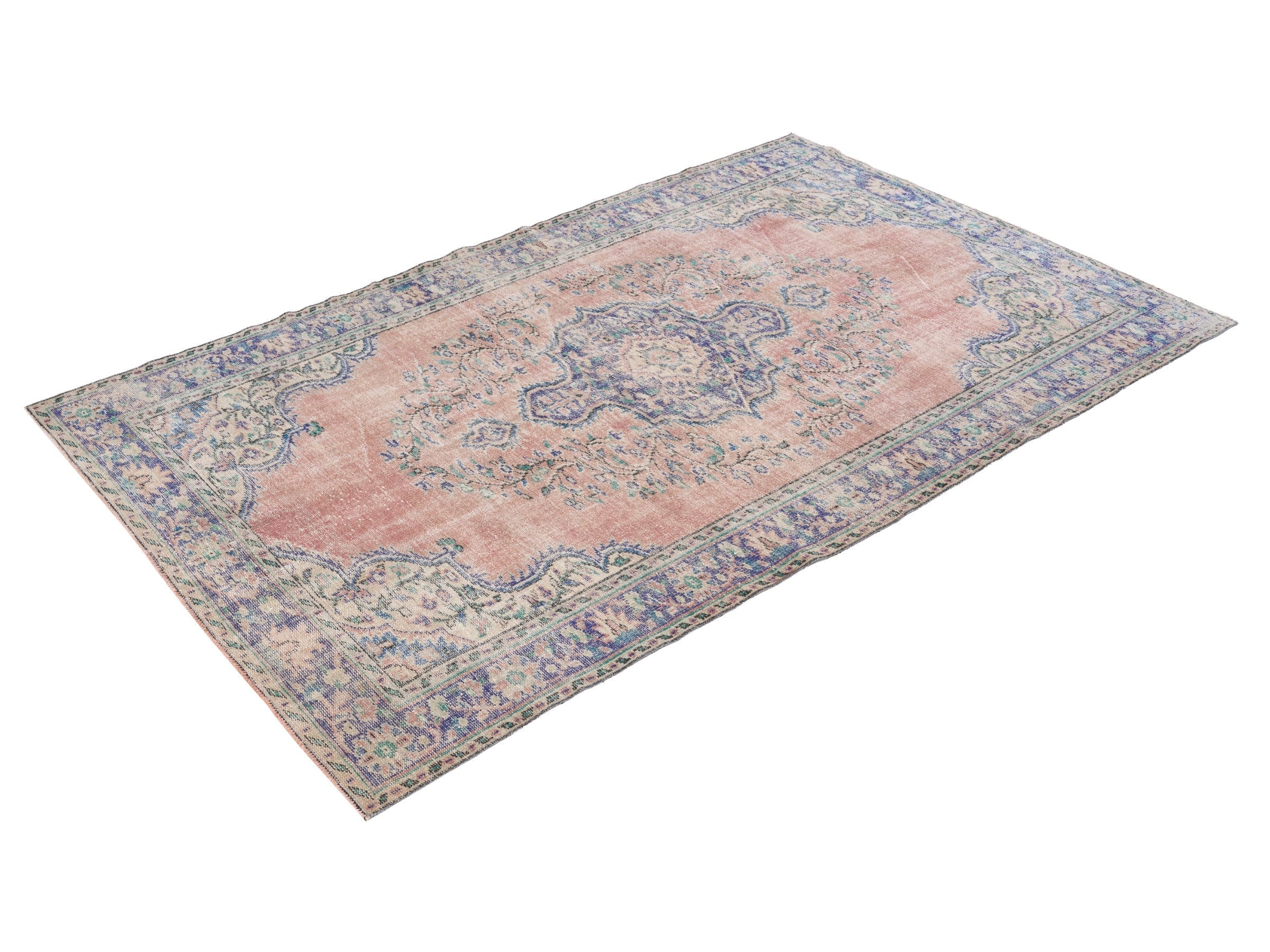 Turkish Manisa area rug in dusty rose and slate blue, view 3 of 10