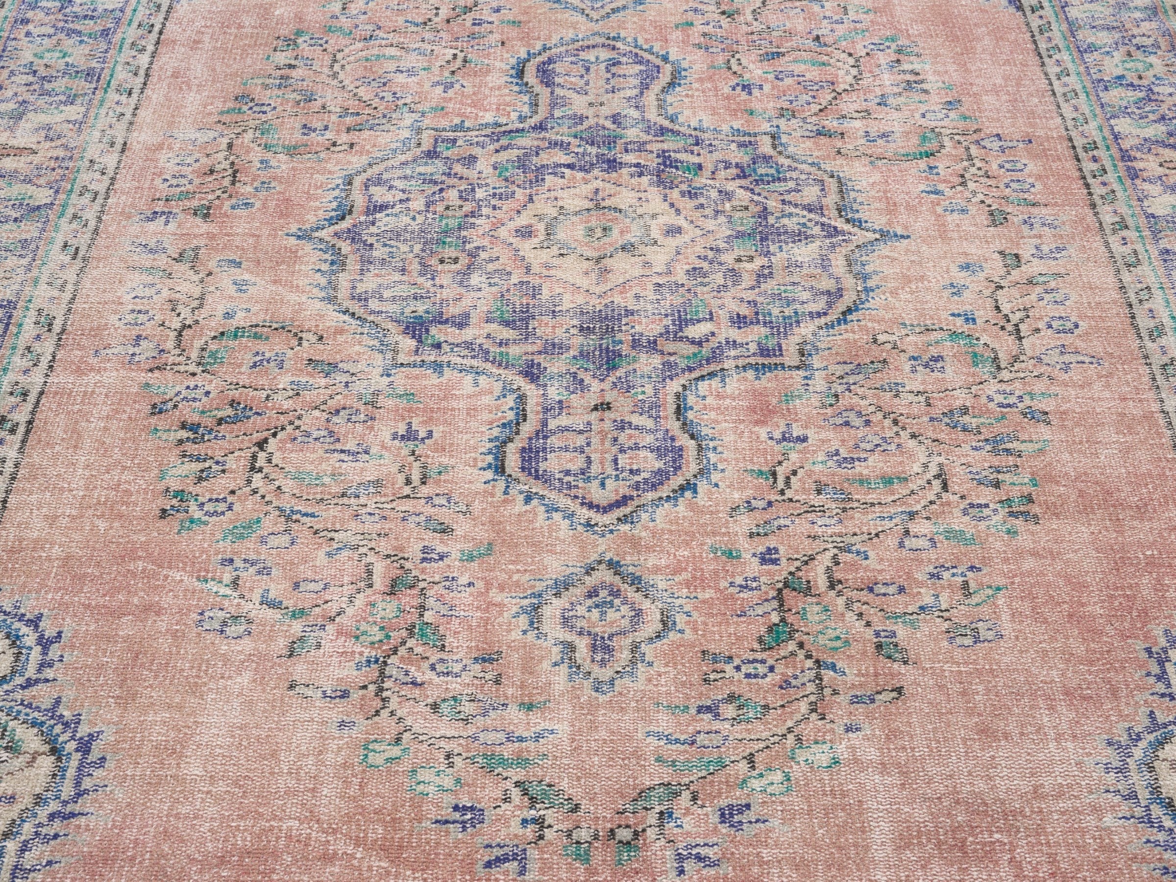 Turkish Manisa area rug in dusty rose and slate blue, view 4 of 10
