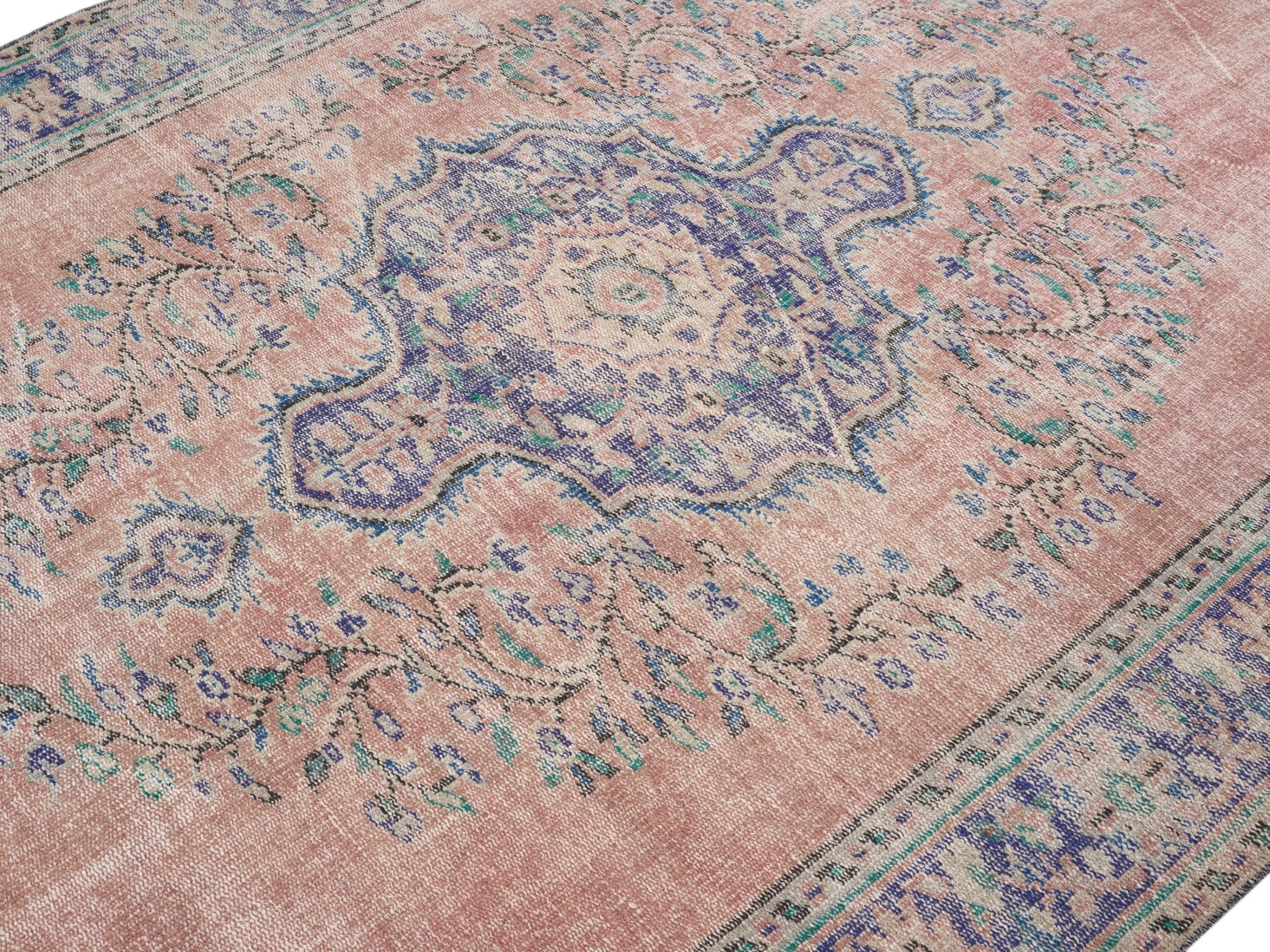 Turkish Manisa area rug in dusty rose and slate blue, view 5 of 10