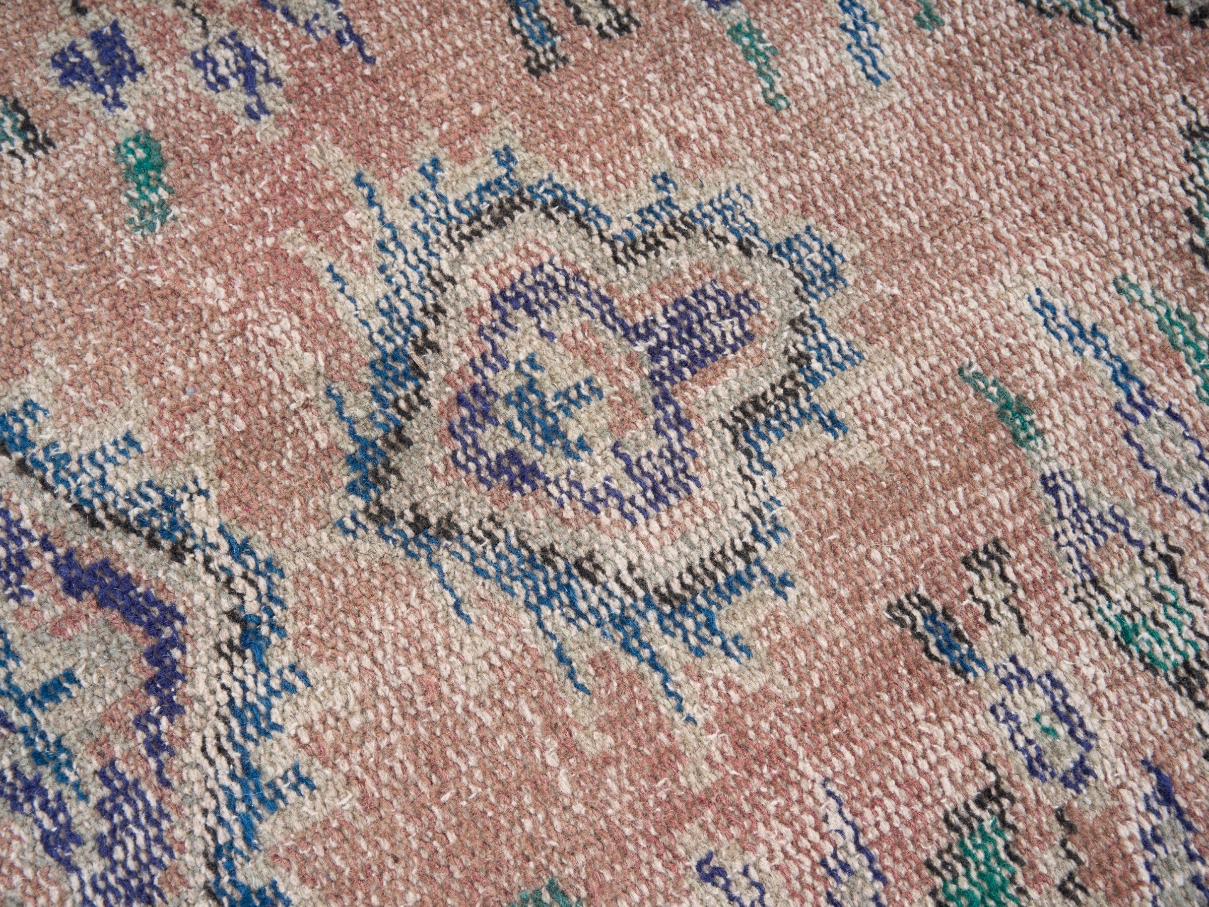 Turkish Manisa area rug in dusty rose and slate blue, view 7 of 10