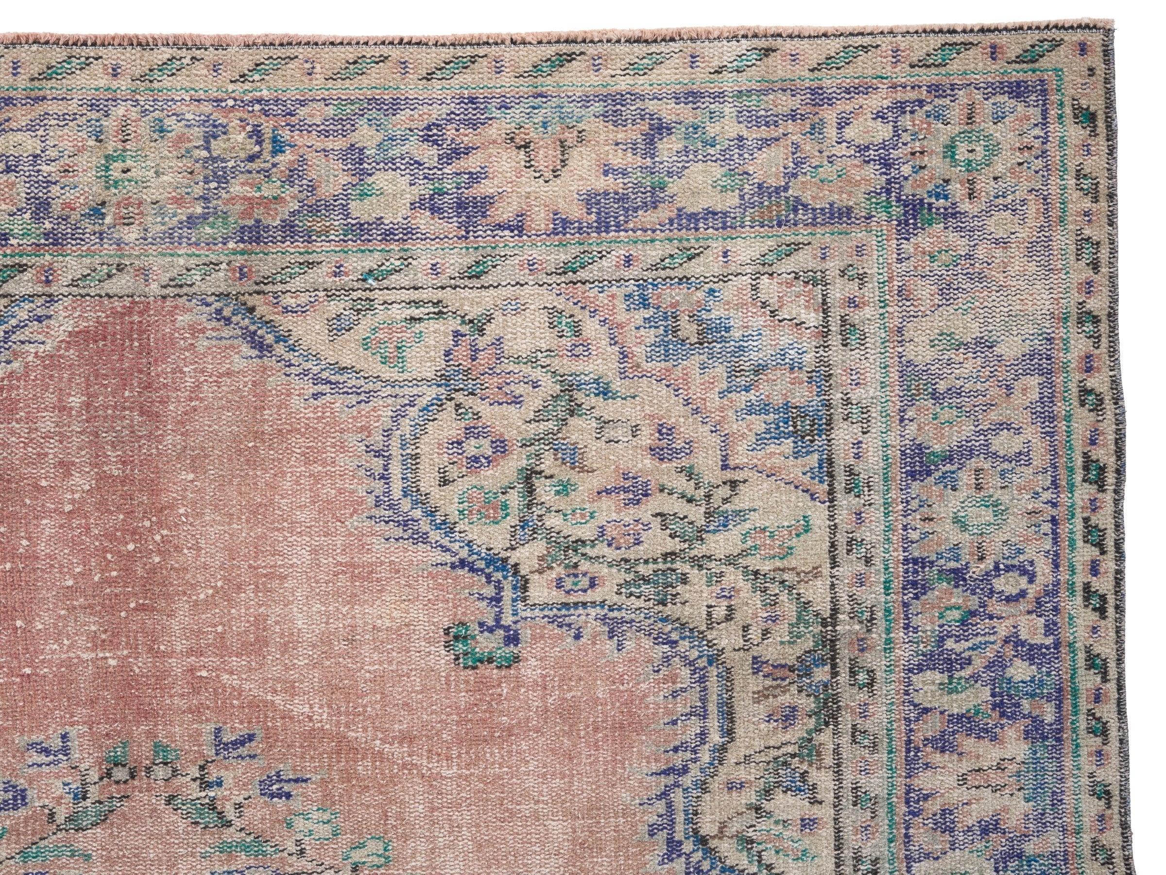 Turkish Manisa area rug in dusty rose and slate blue, view 8 of 10