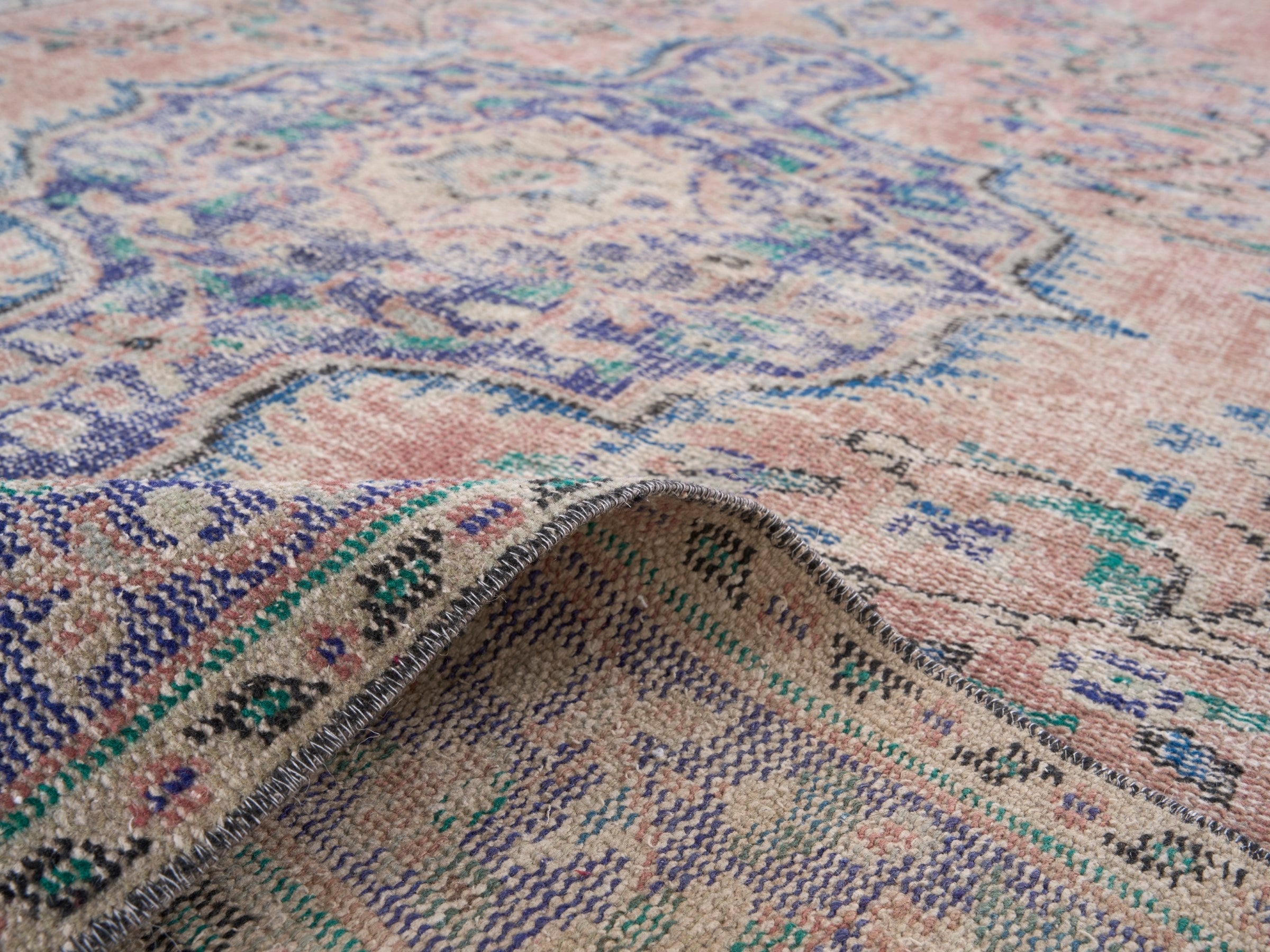 Turkish Manisa area rug in dusty rose and slate blue, view 9 of 10