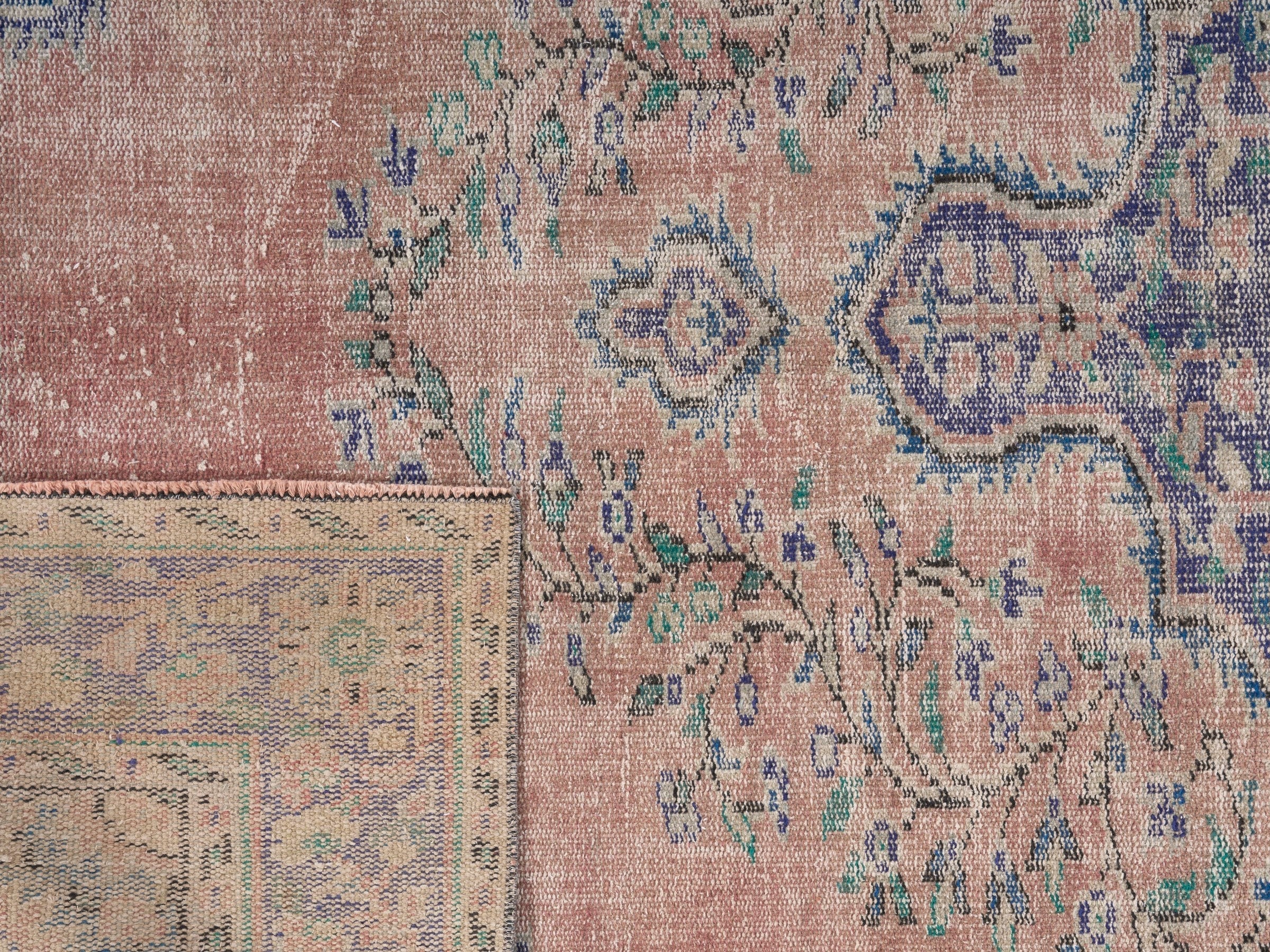 Turkish Manisa area rug in dusty rose and slate blue, view 10 of 10