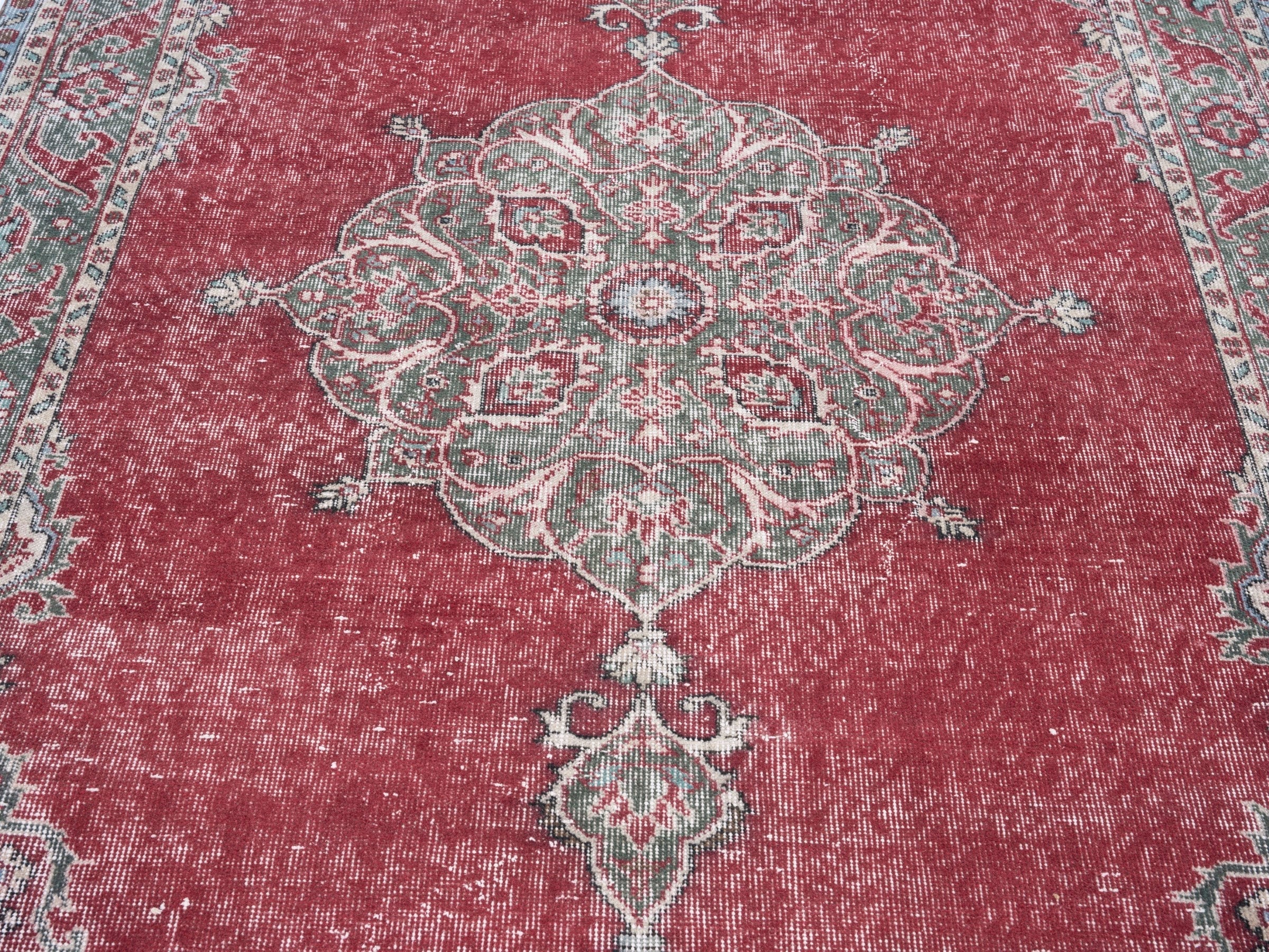 Turkish Isparta area rug in faded red and greige, view 4 of 10