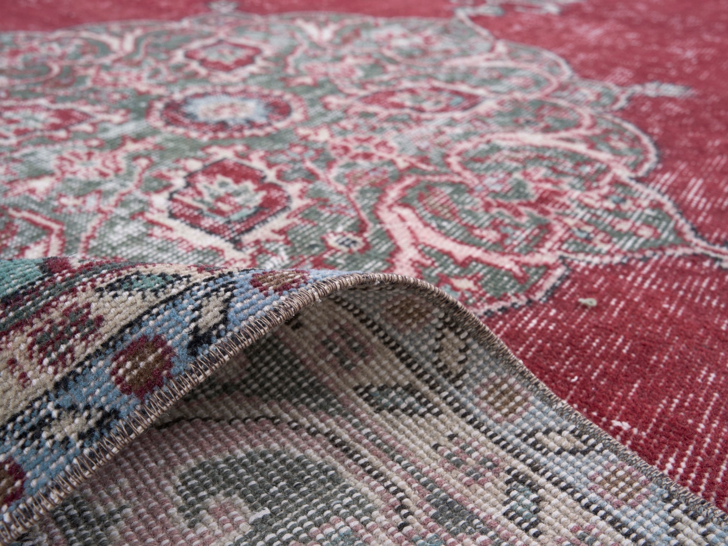 Turkish Isparta area rug in faded red and greige, view 9 of 10