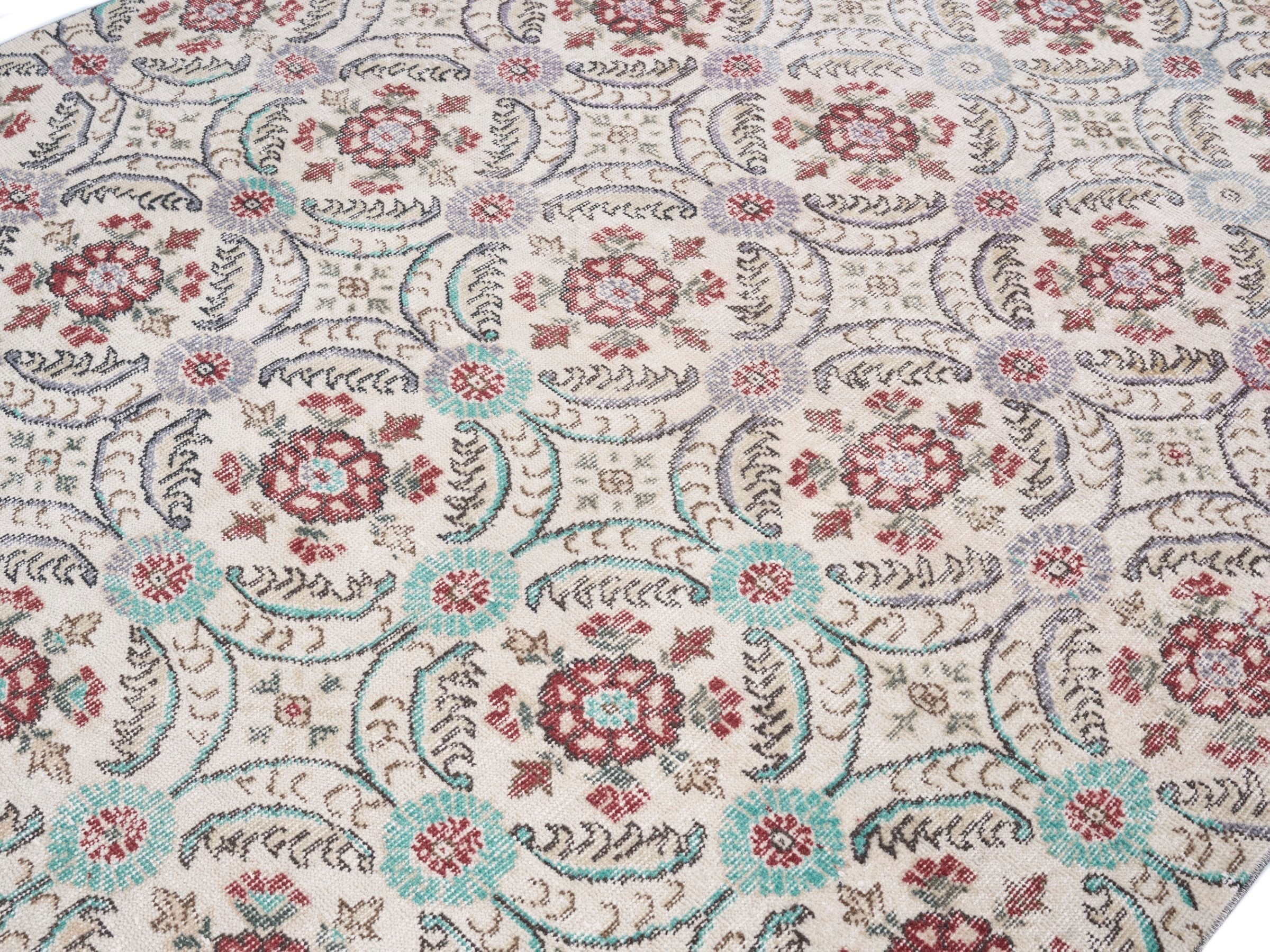 Turkish Isparta area rug in cream and muted pink, view 5 of 10