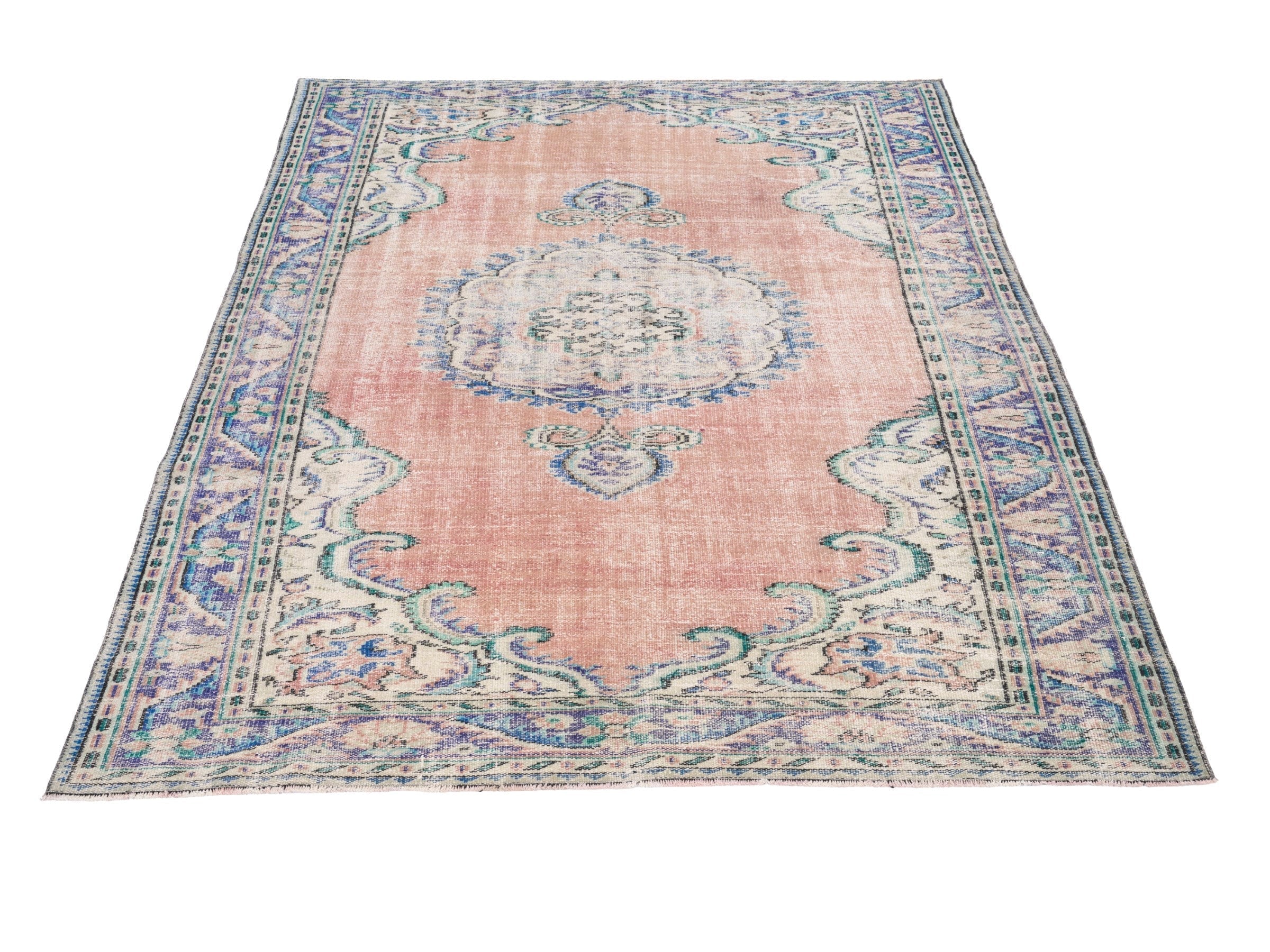 Turkish Manisa area rug in dusty rose and navy, view 2 of 10