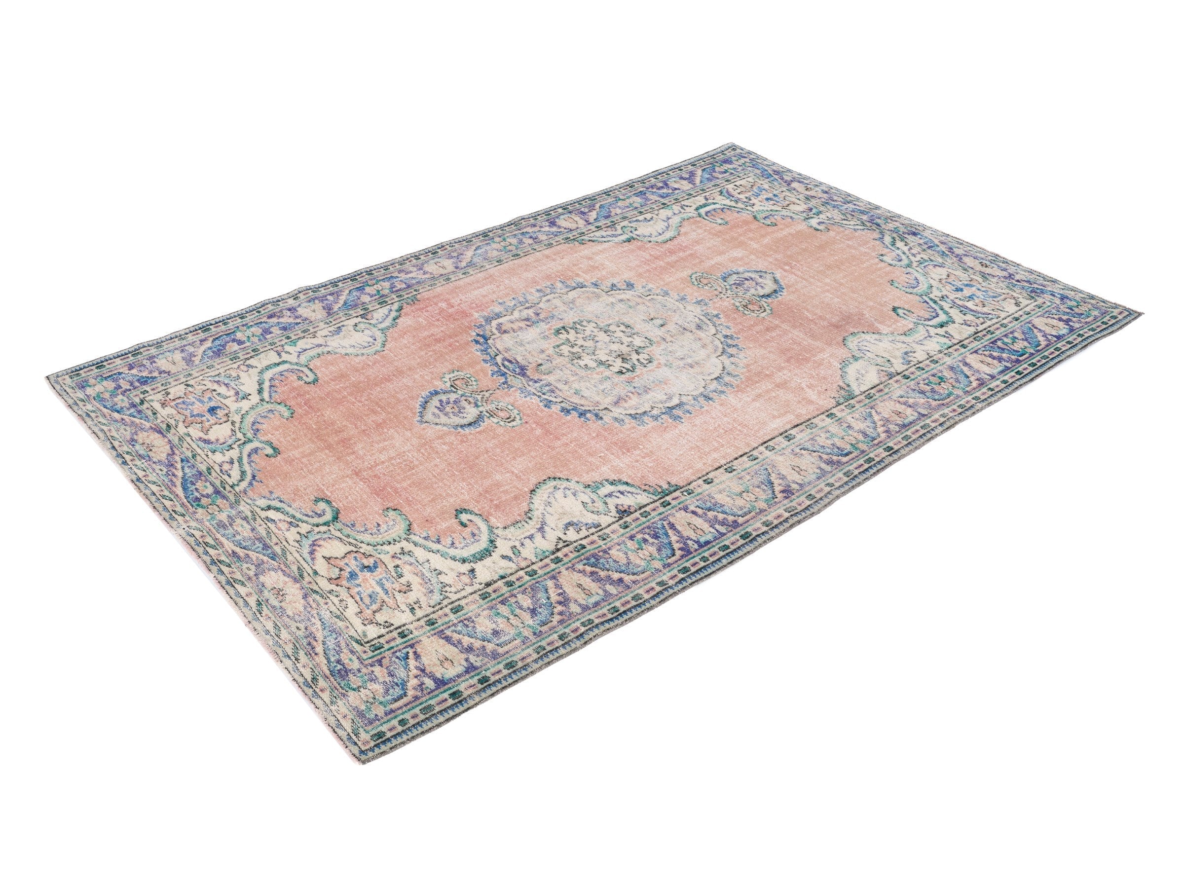 Turkish Manisa area rug in dusty rose and navy, view 3 of 10