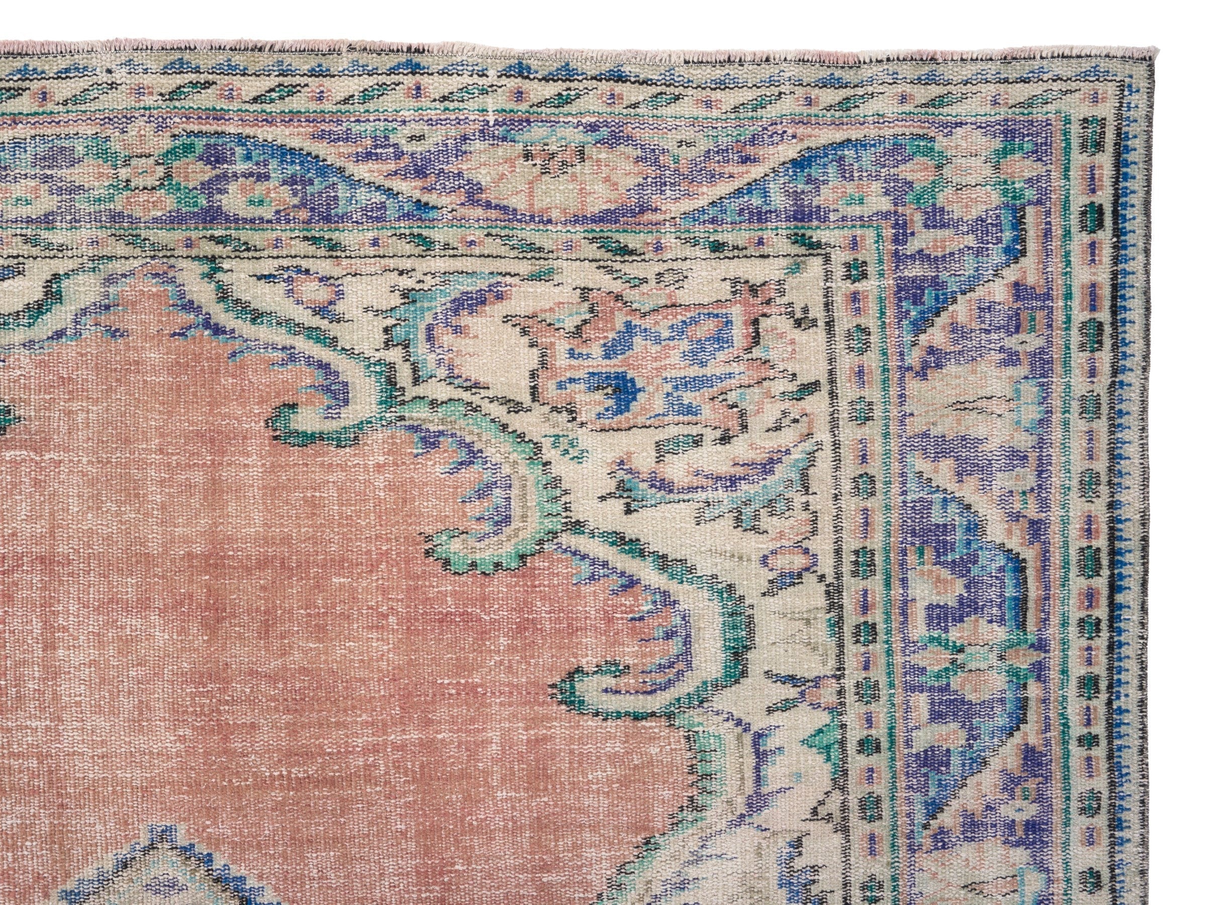 Turkish Manisa area rug in dusty rose and navy, view 8 of 10