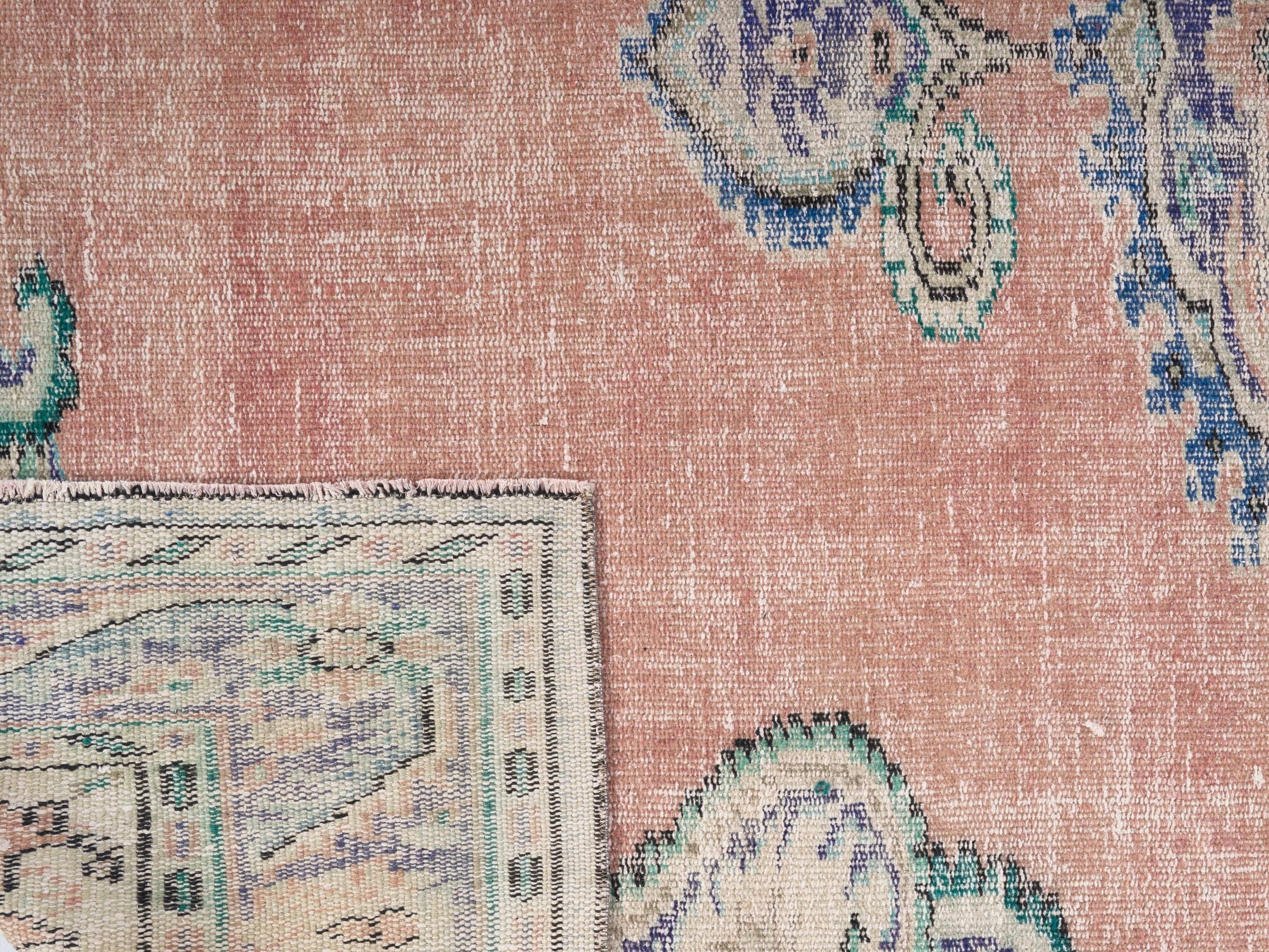 Turkish Manisa area rug in dusty rose and navy, view 10 of 10