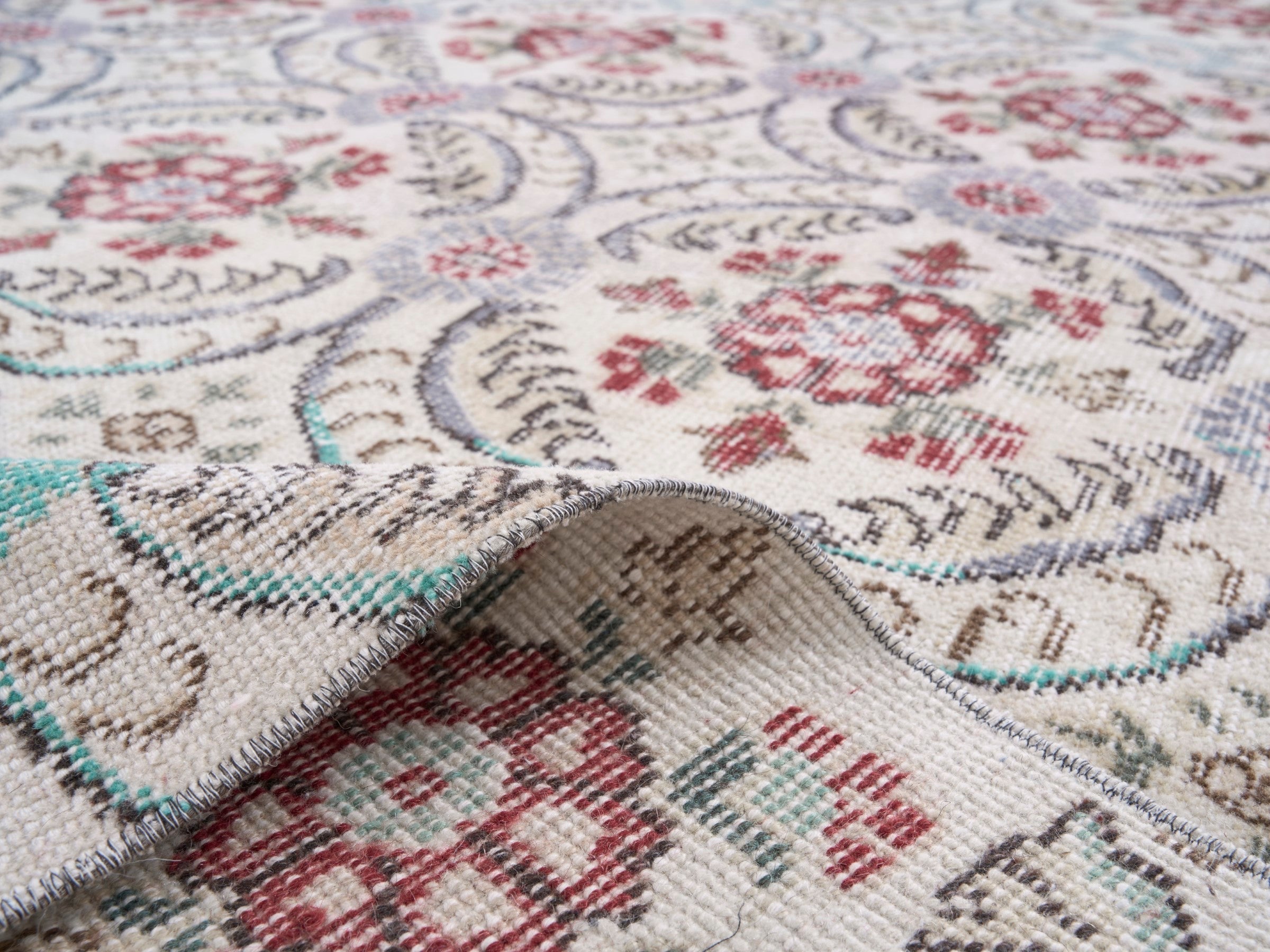 Turkish Isparta area rug in cream and muted pink, view 9 of 10