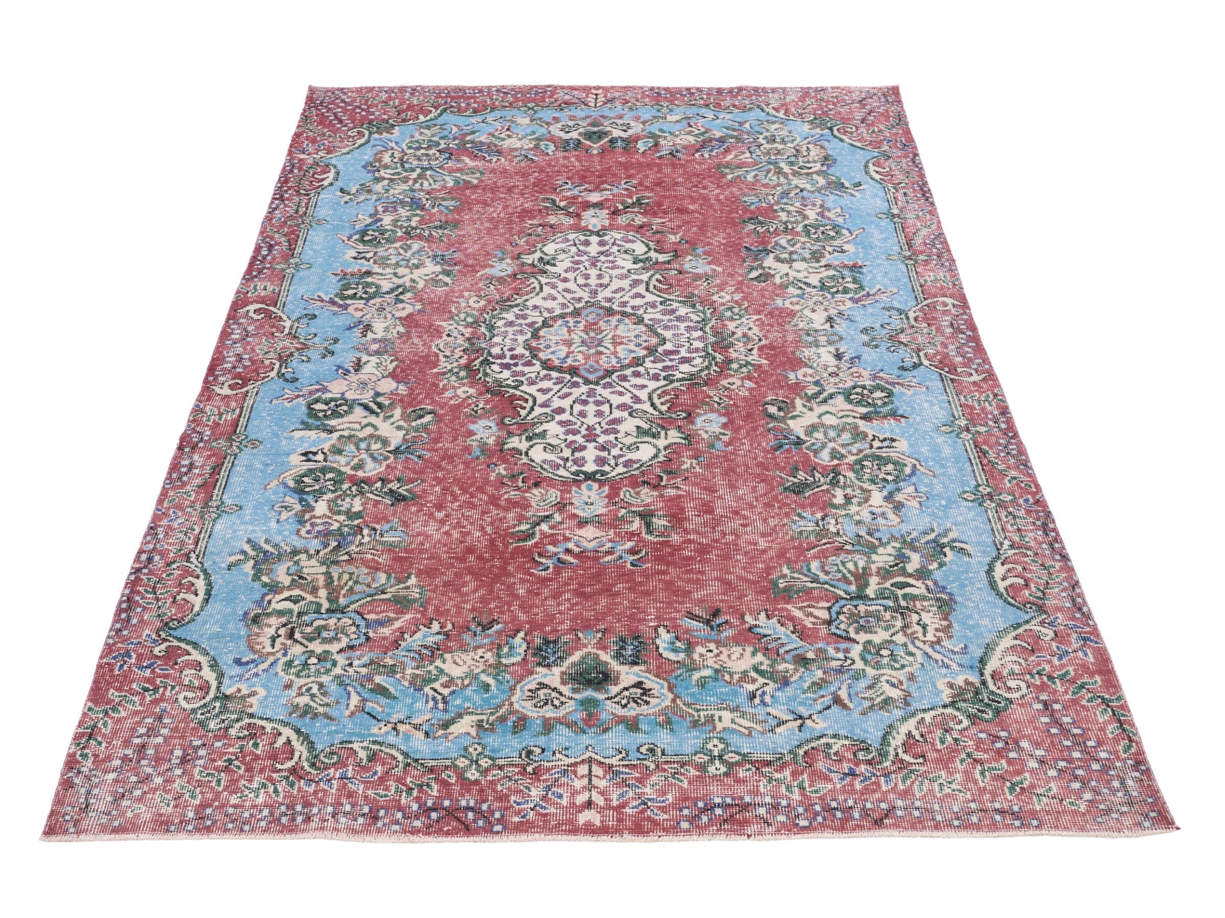 Turkish Isparta area rug in faded red and sky, view 2 of 10
