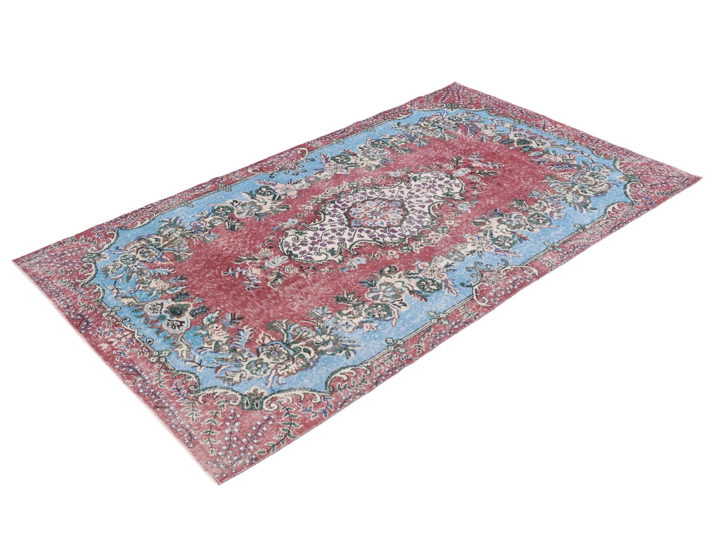 Turkish Isparta area rug in faded red and sky, view 3 of 10