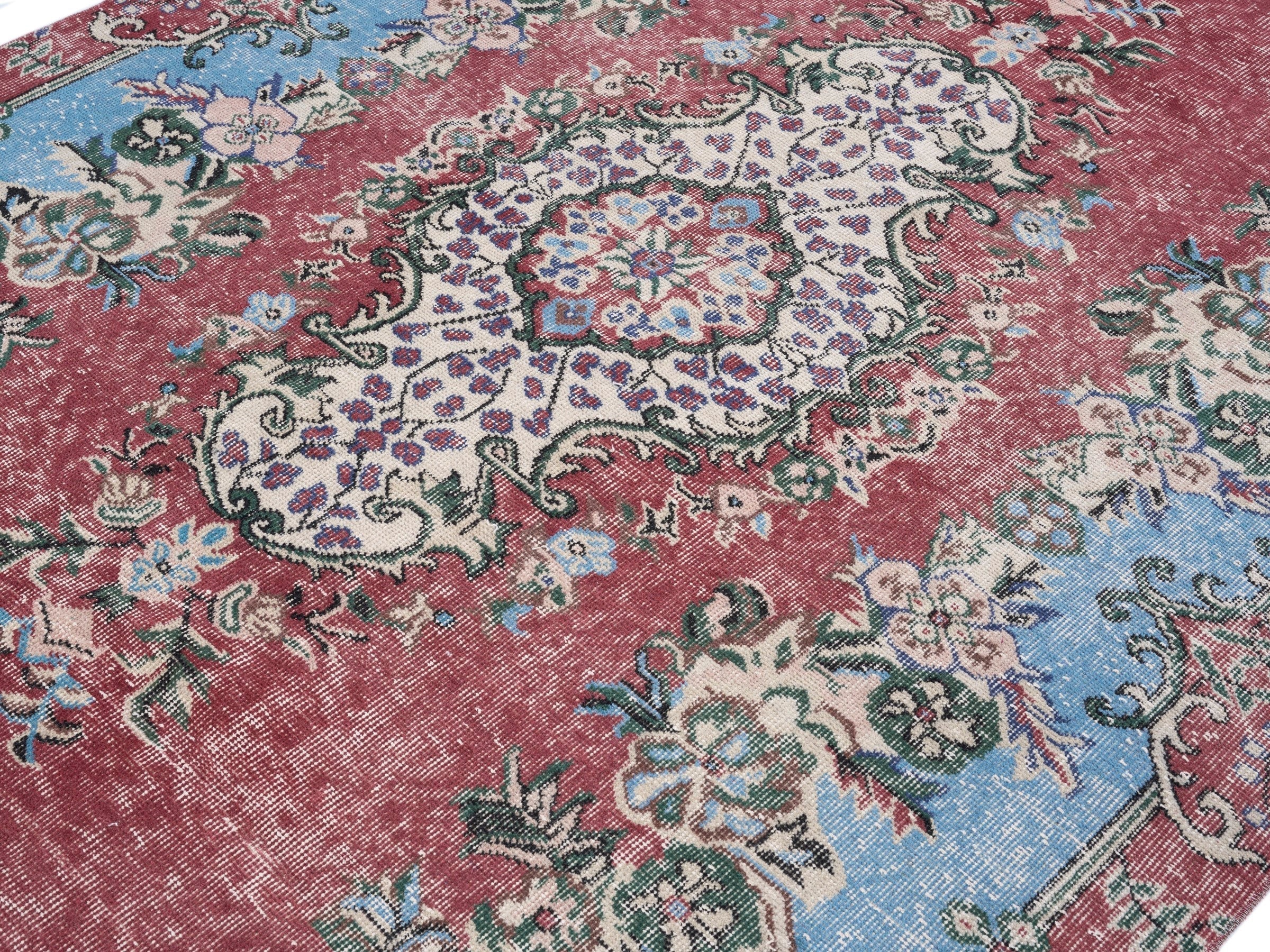 Turkish Isparta area rug in faded red and sky, view 5 of 10