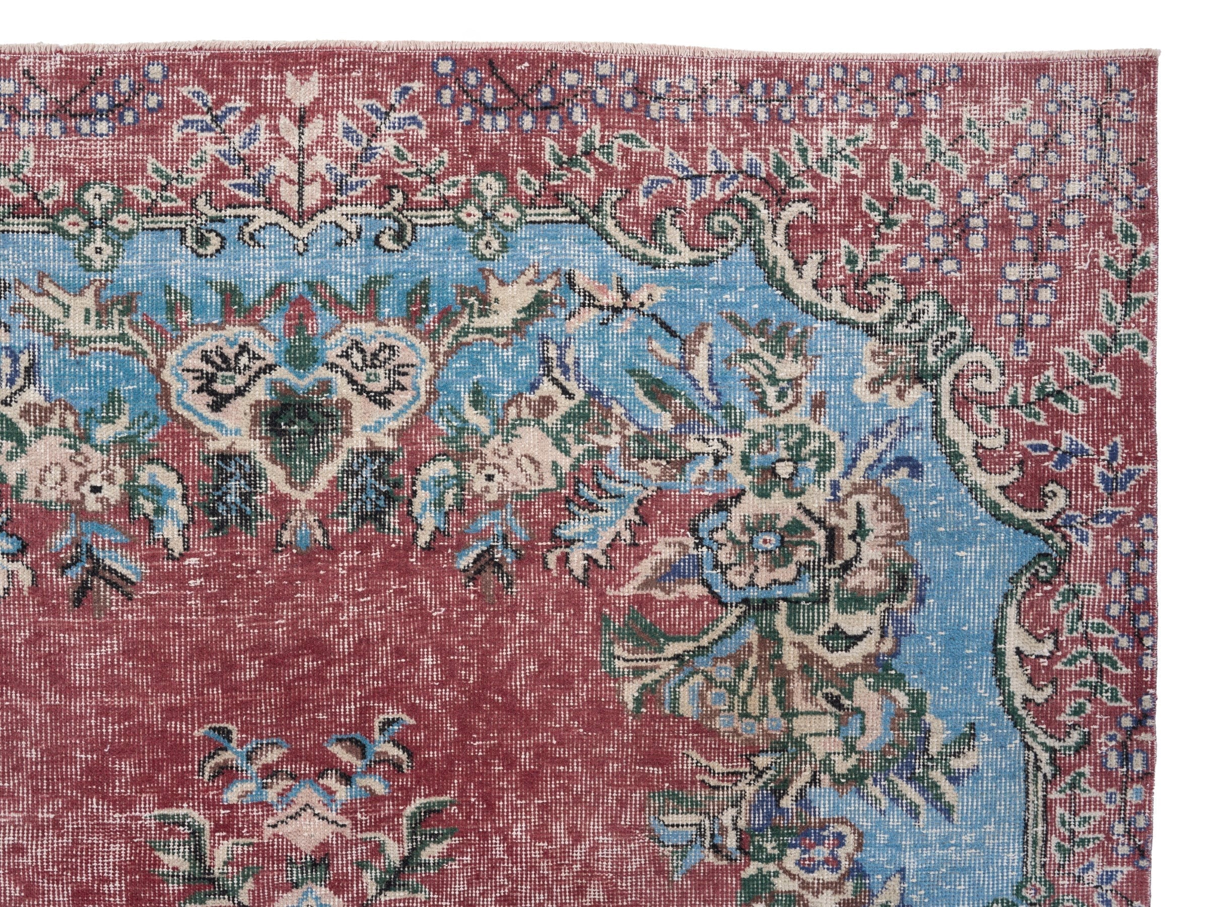 Turkish Isparta area rug in faded red and sky, view 8 of 10