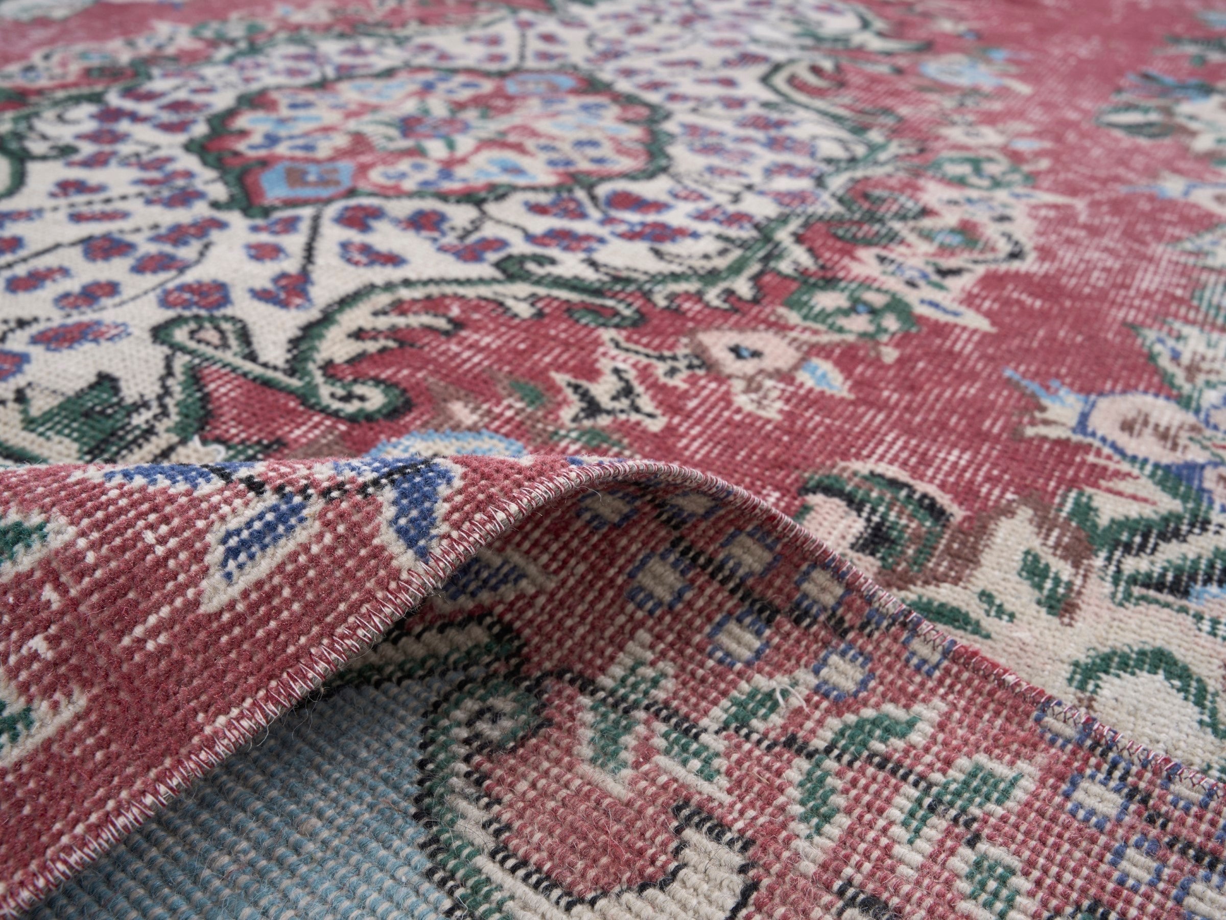 Turkish Isparta area rug in faded red and sky, view 9 of 10