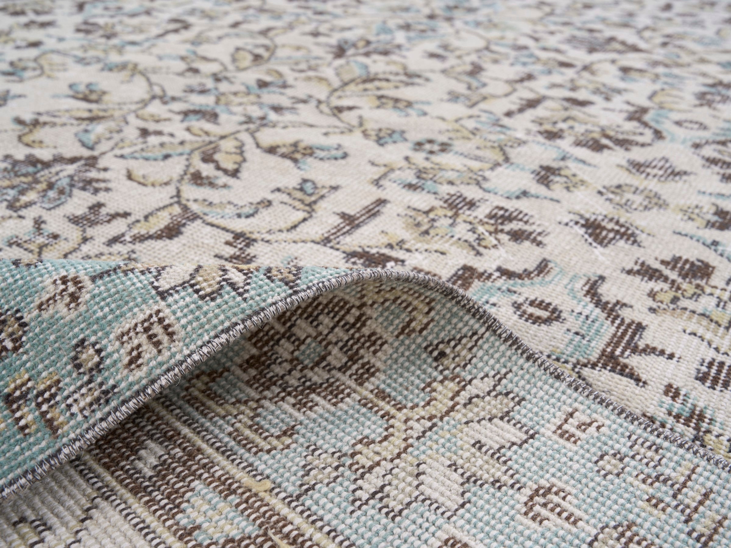Turkish Isparta area rug in ivory and sage, view 9 of 10