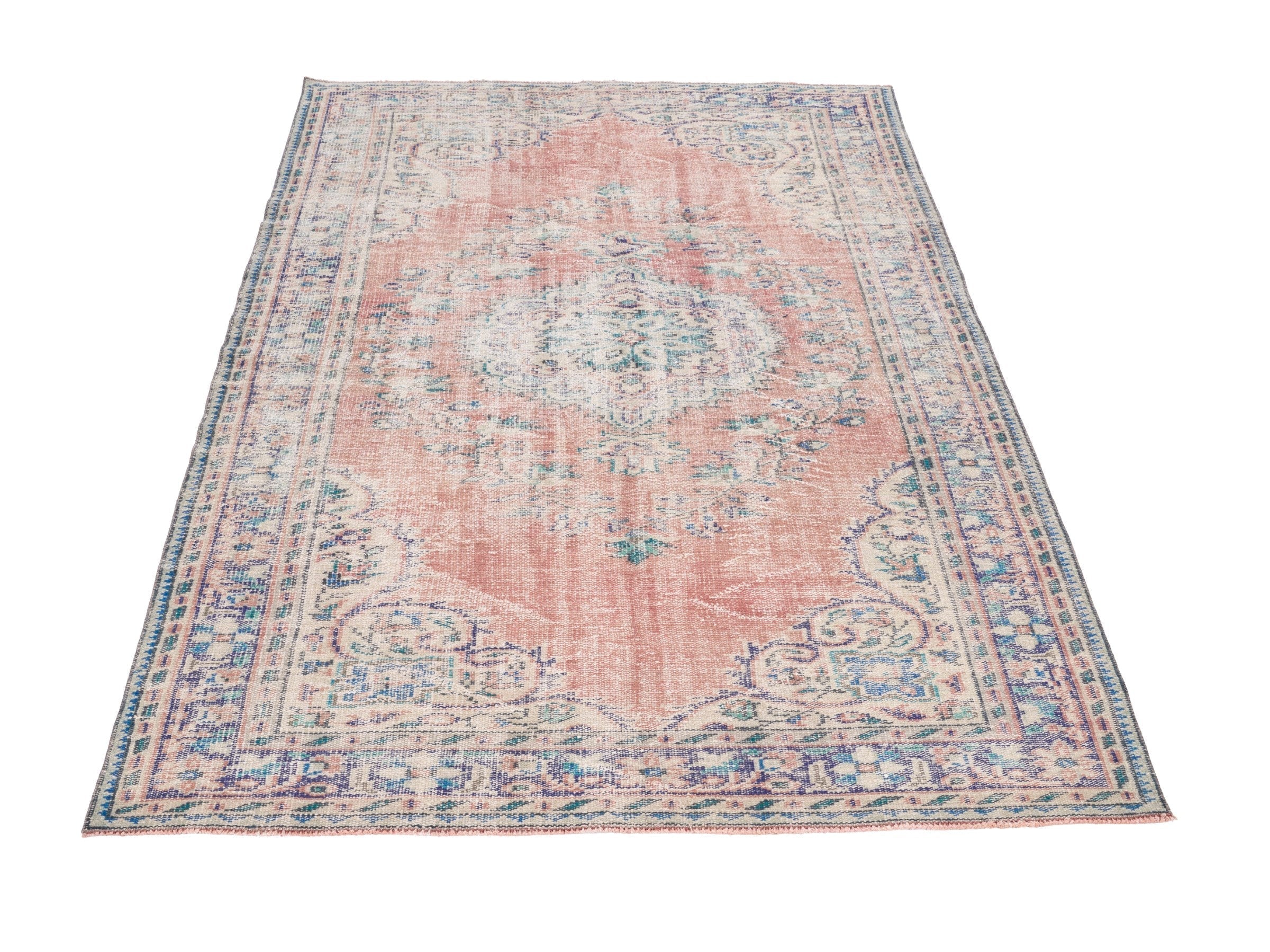 Turkish Manisa area rug in muted pink and denim, view 2 of 10