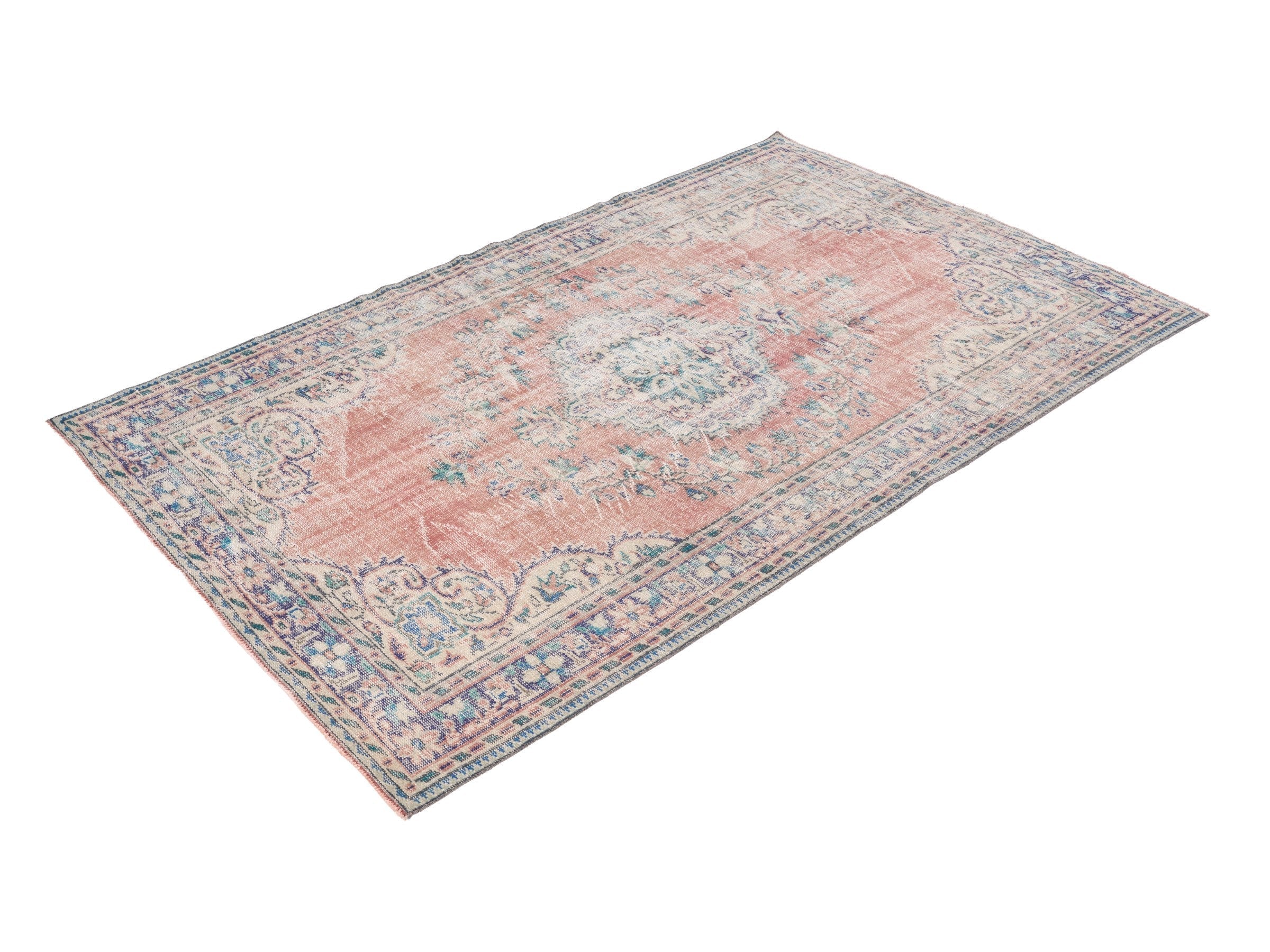 Turkish Manisa area rug in muted pink and denim, view 3 of 10