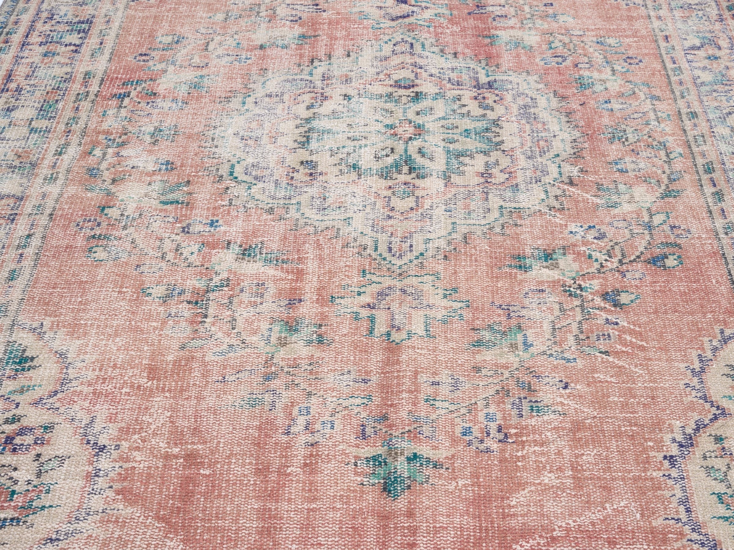 Turkish Manisa area rug in muted pink and denim, view 4 of 10