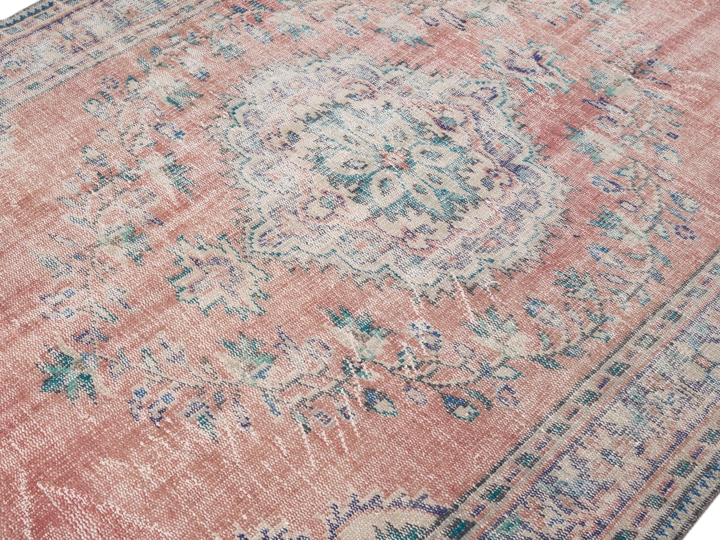 Turkish Manisa area rug in muted pink and denim, view 5 of 10
