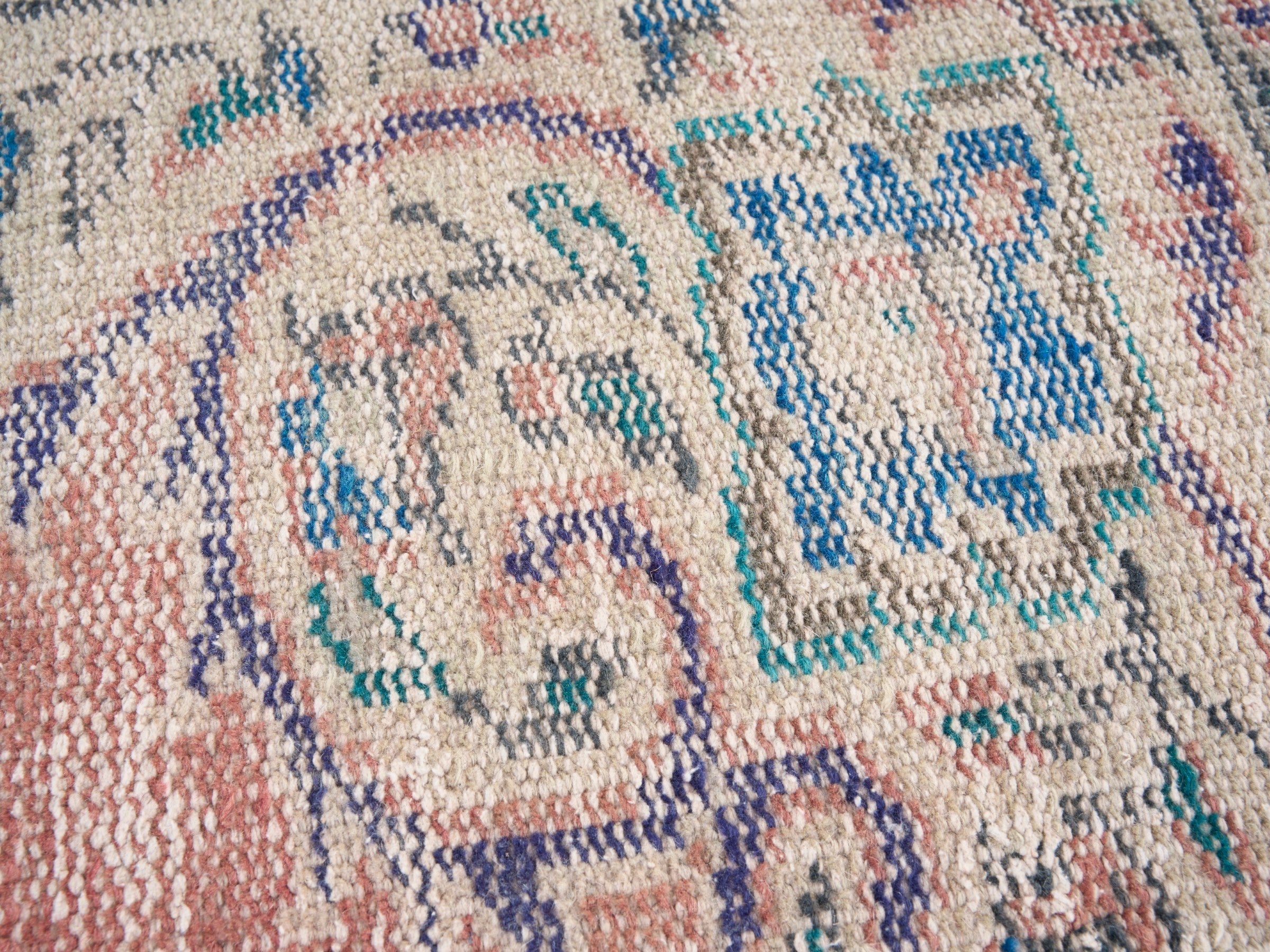 Turkish Manisa area rug in muted pink and denim, view 7 of 10
